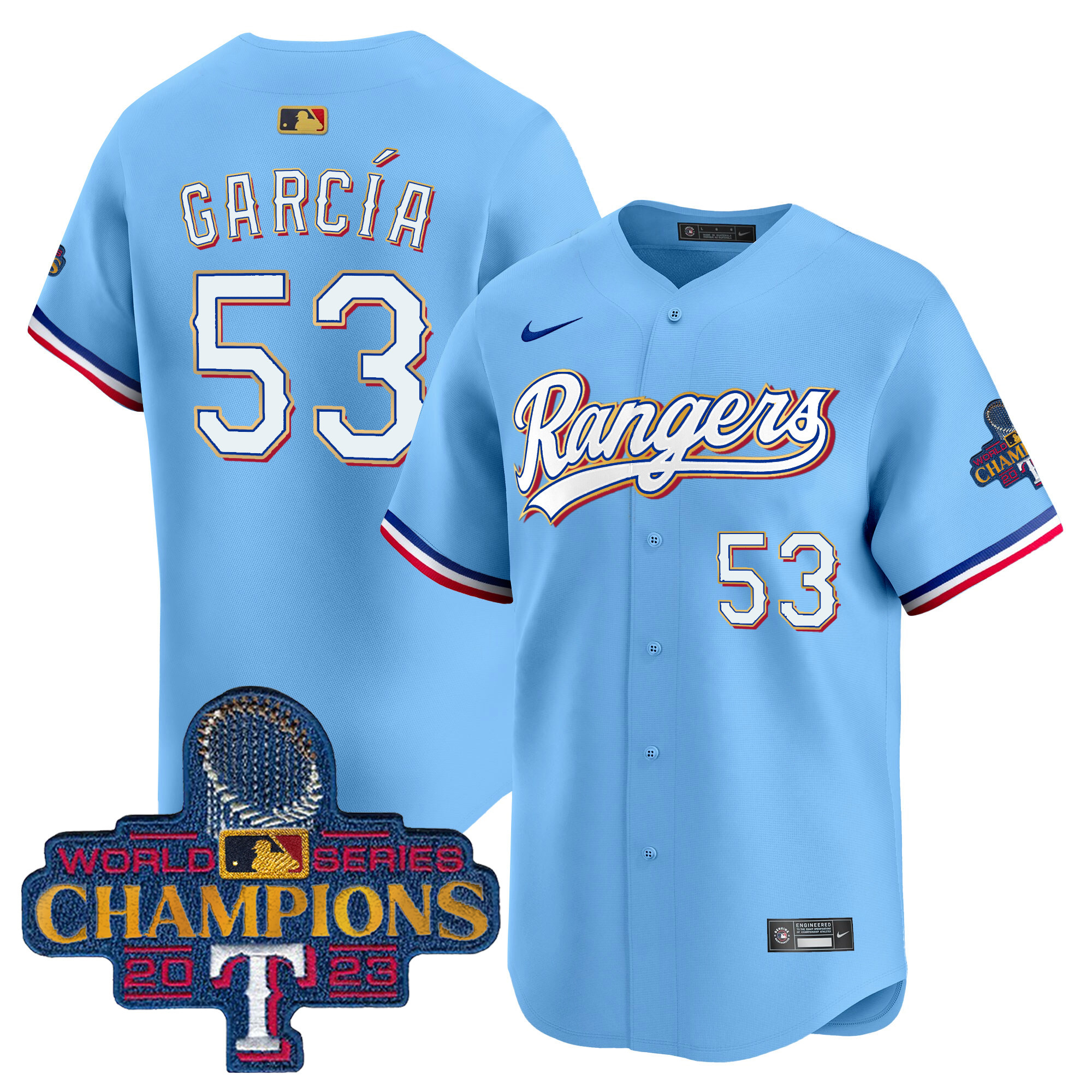 Adolis Garcia Men's Texas Rangers 2023 World Series Champions Gold Trim Vapor Premier Limited Blue Jersey - All Stitched
