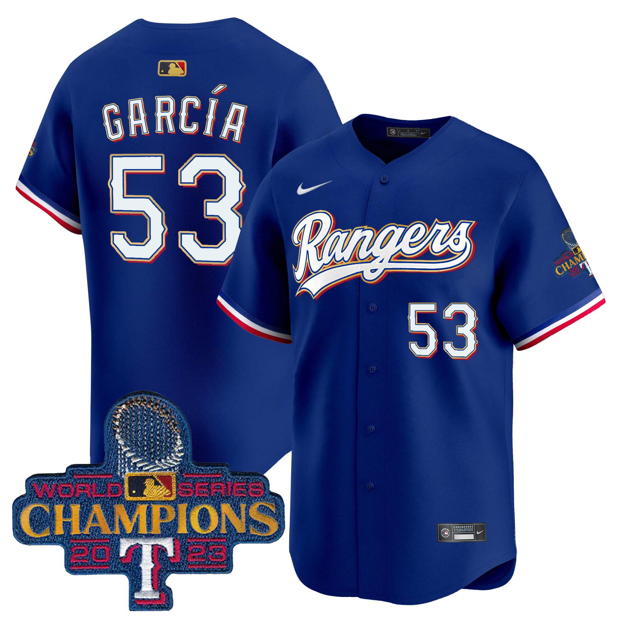 Adolis Garcia Men's Texas Rangers 2023 World Series Champions Gold Trim Vapor Premier Limited Royal Jersey - All Stitched
