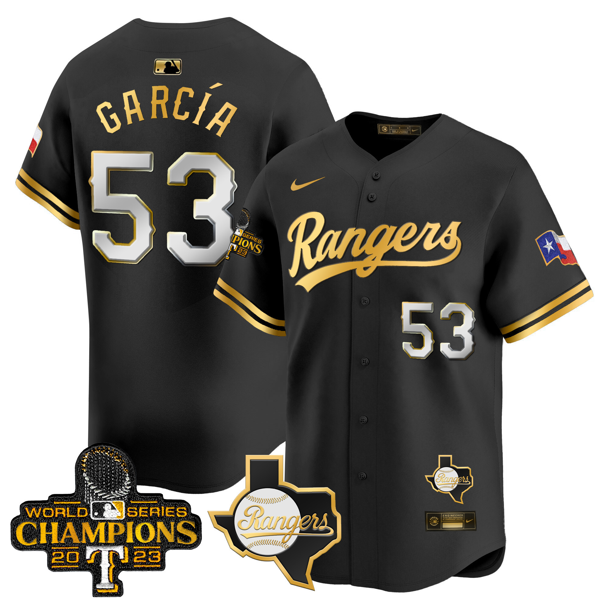 Adolis Garcia Men's Texas Rangers 2023 World Series Champions Gold Trim Vapor Premier Limited V2 Black Gold Jersey - All Stitched