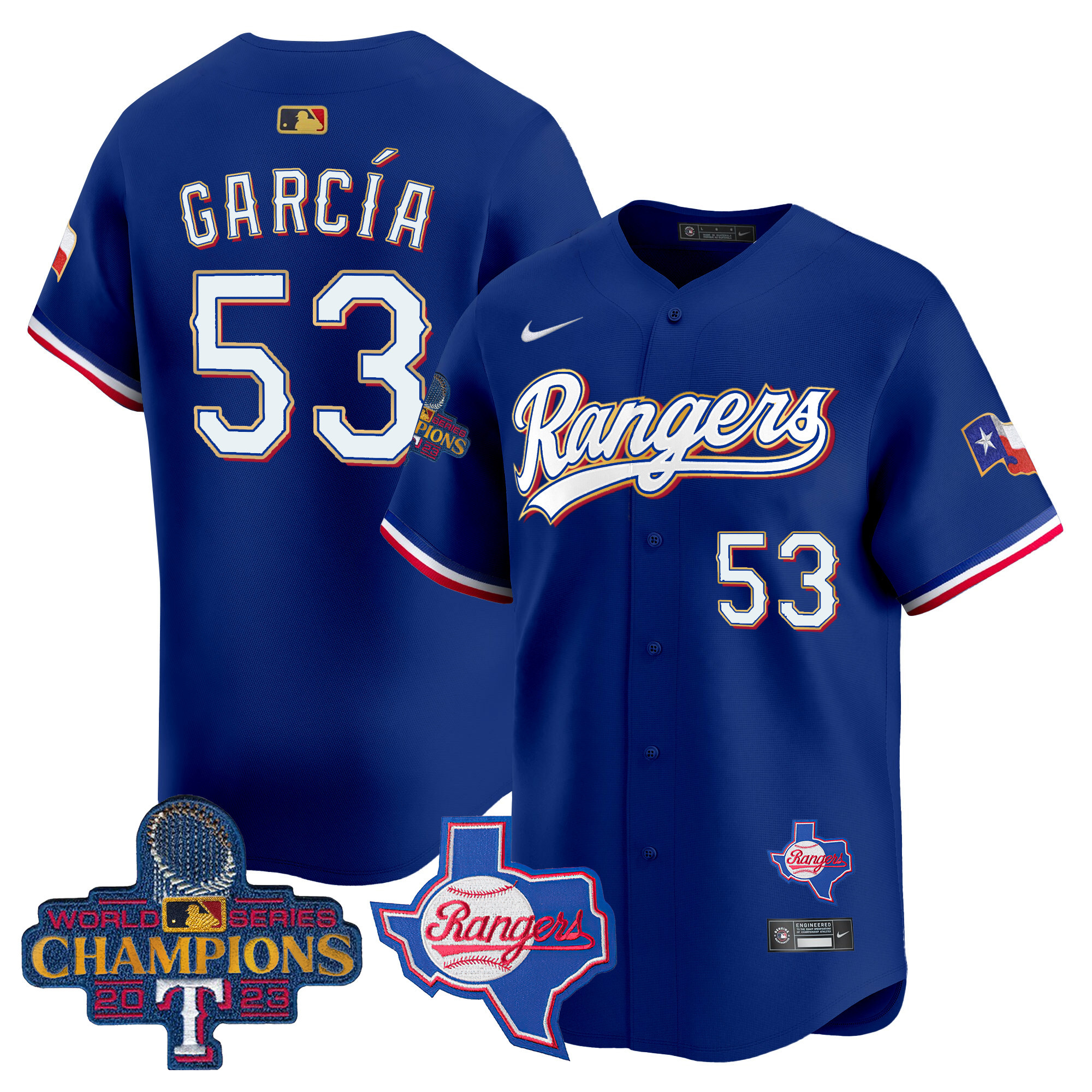 Adolis Garcia Men's Texas Rangers 2023 World Series Champions Gold Trim Vapor Premier Limited V2 Royal Jersey - All Stitched