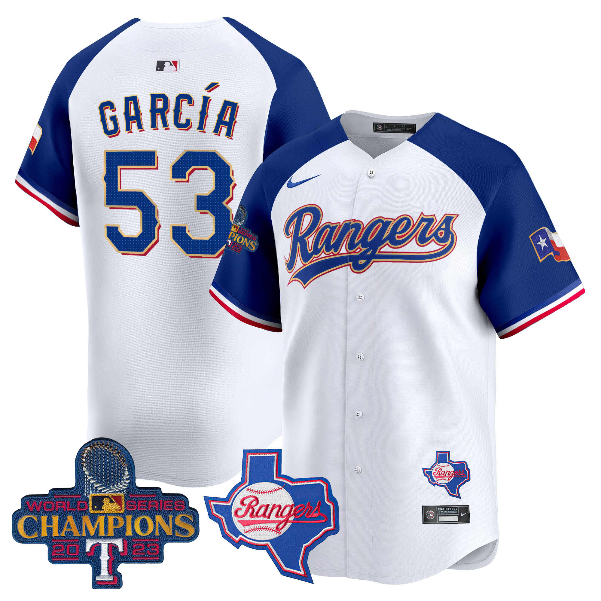 Adolis Garcia Men's Texas Rangers 2023 World Series Champions Gold Trim Vapor Premier Limited V2 White Alternate Jersey - All Stitched