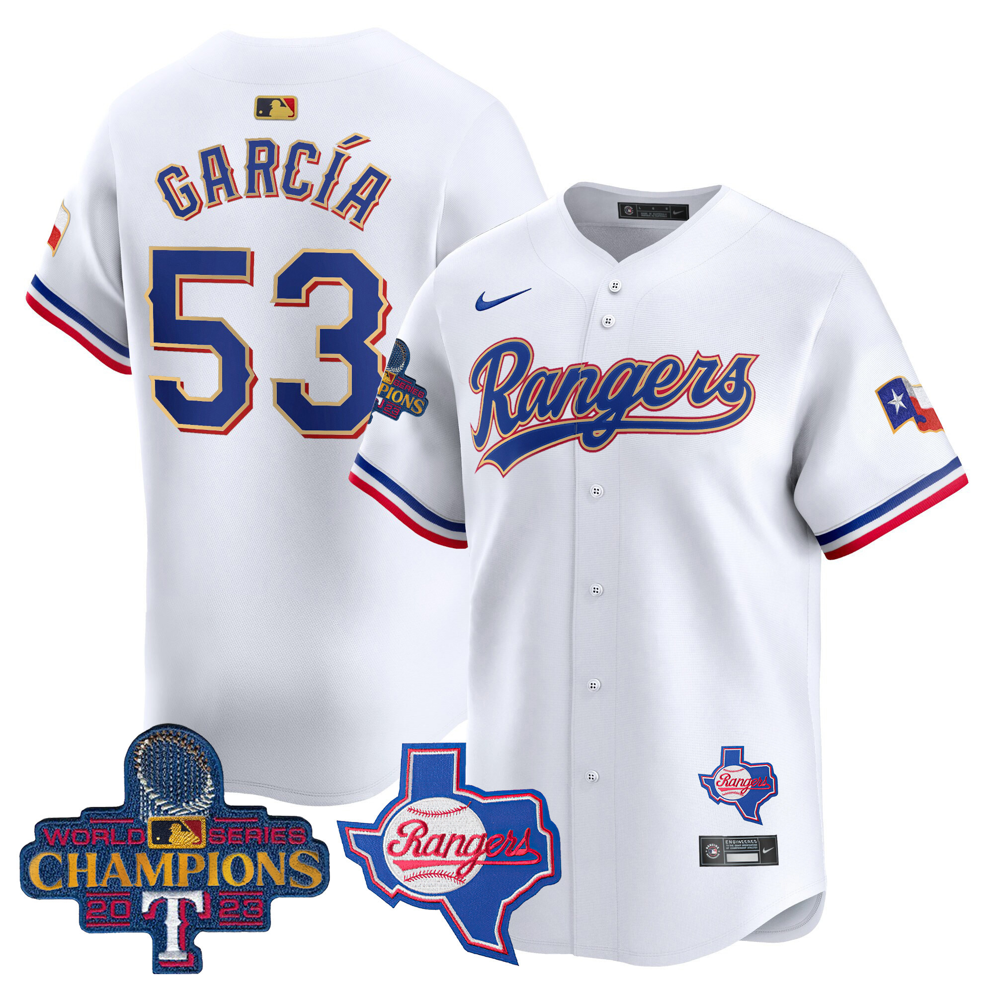 Adolis Garcia Men's Texas Rangers 2023 World Series Champions Gold Trim Vapor Premier Limited V2 White Jersey - All Stitched