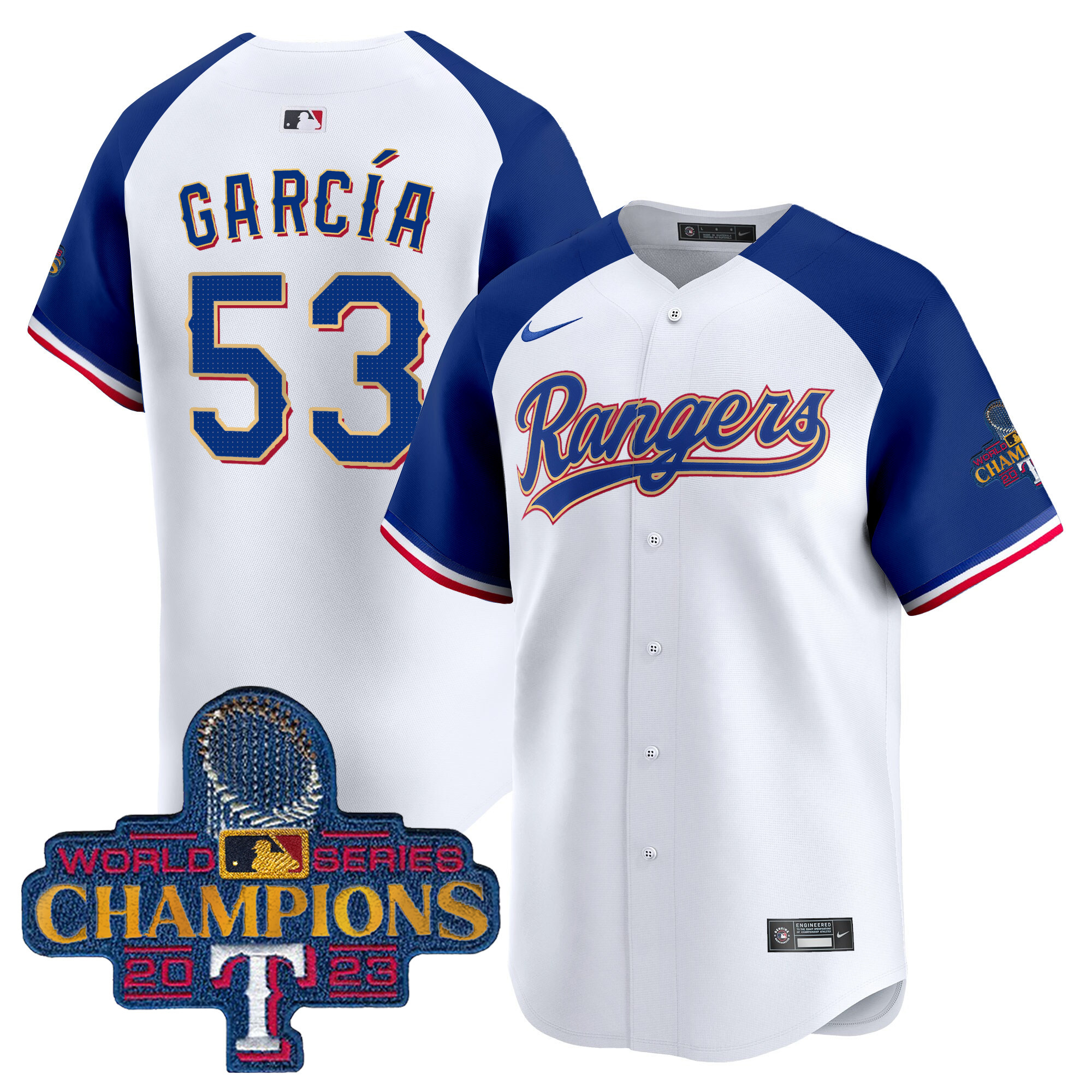 Adolis Garcia Men's Texas Rangers 2023 World Series Champions Gold Trim Vapor Premier Limited White Alternate Jersey - All Stitched