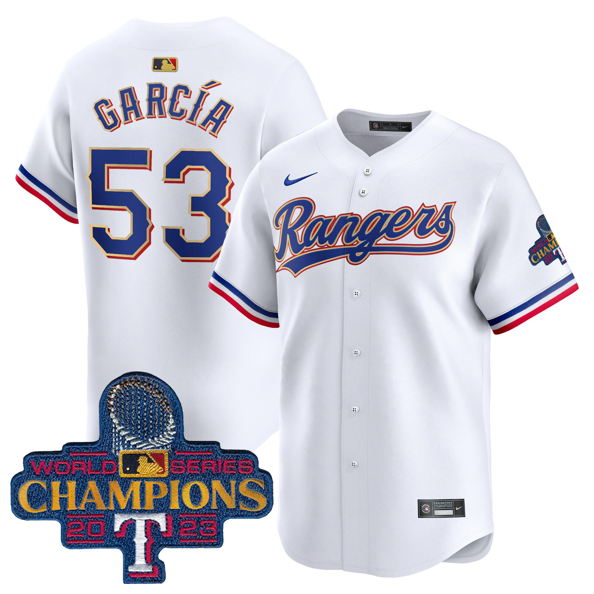 Adolis Garcia Men's Texas Rangers 2023 World Series Champions Gold Trim Vapor Premier Limited White Jersey - All Stitched