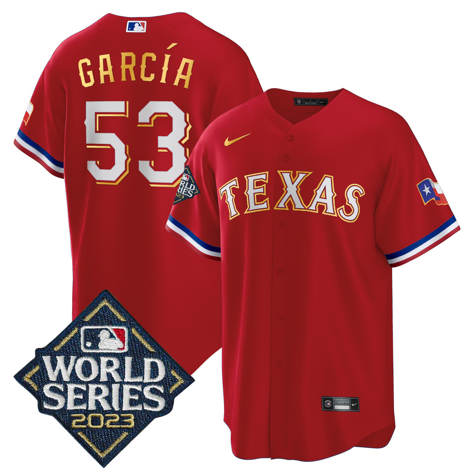 Adolis Garcia Men's Texas Rangers 2023 World Series Cool Base Gold Trim Red Jersey - All Stitched