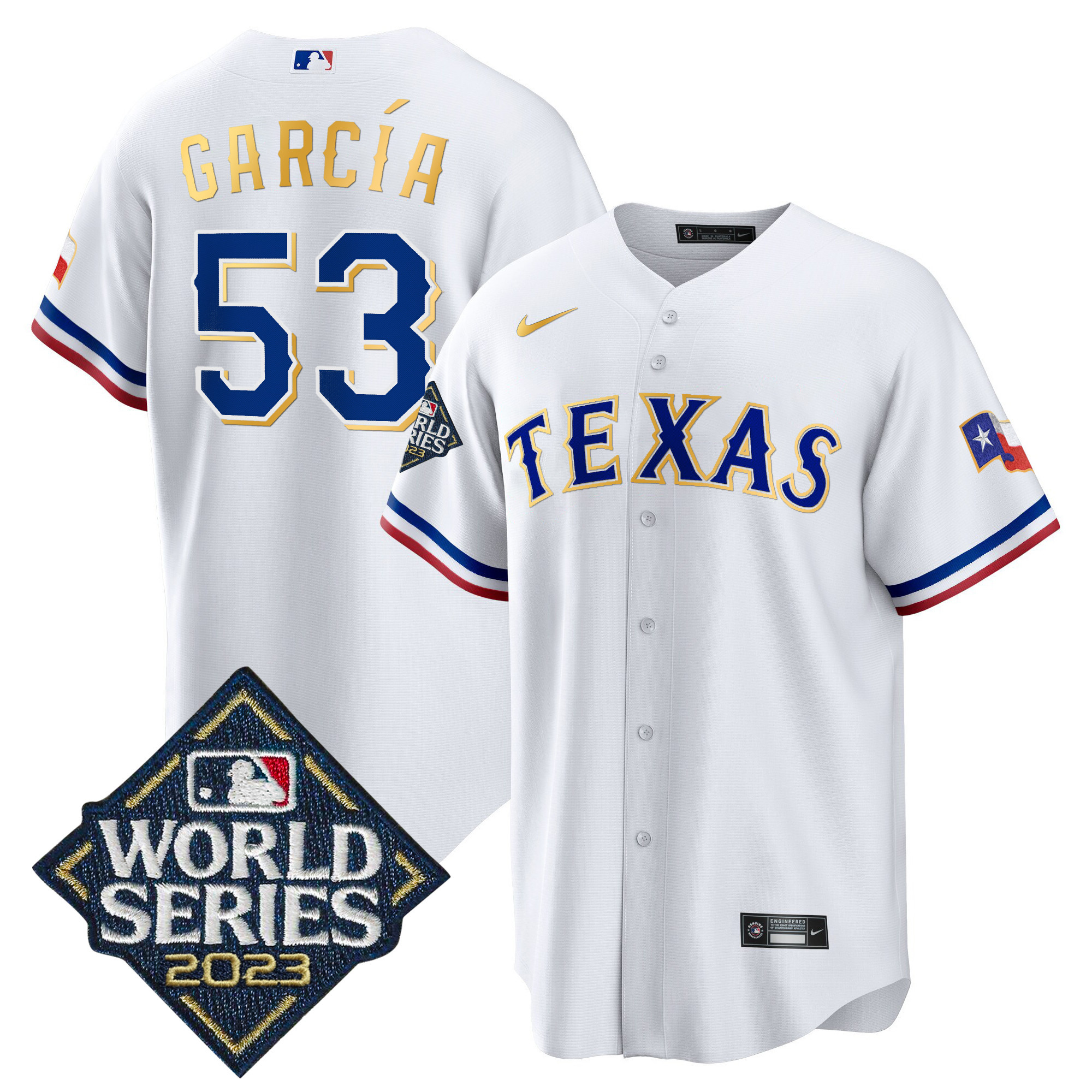 Adolis Garcia Men's Texas Rangers 2023 World Series Cool Base Gold Trim White Jersey - All Stitched