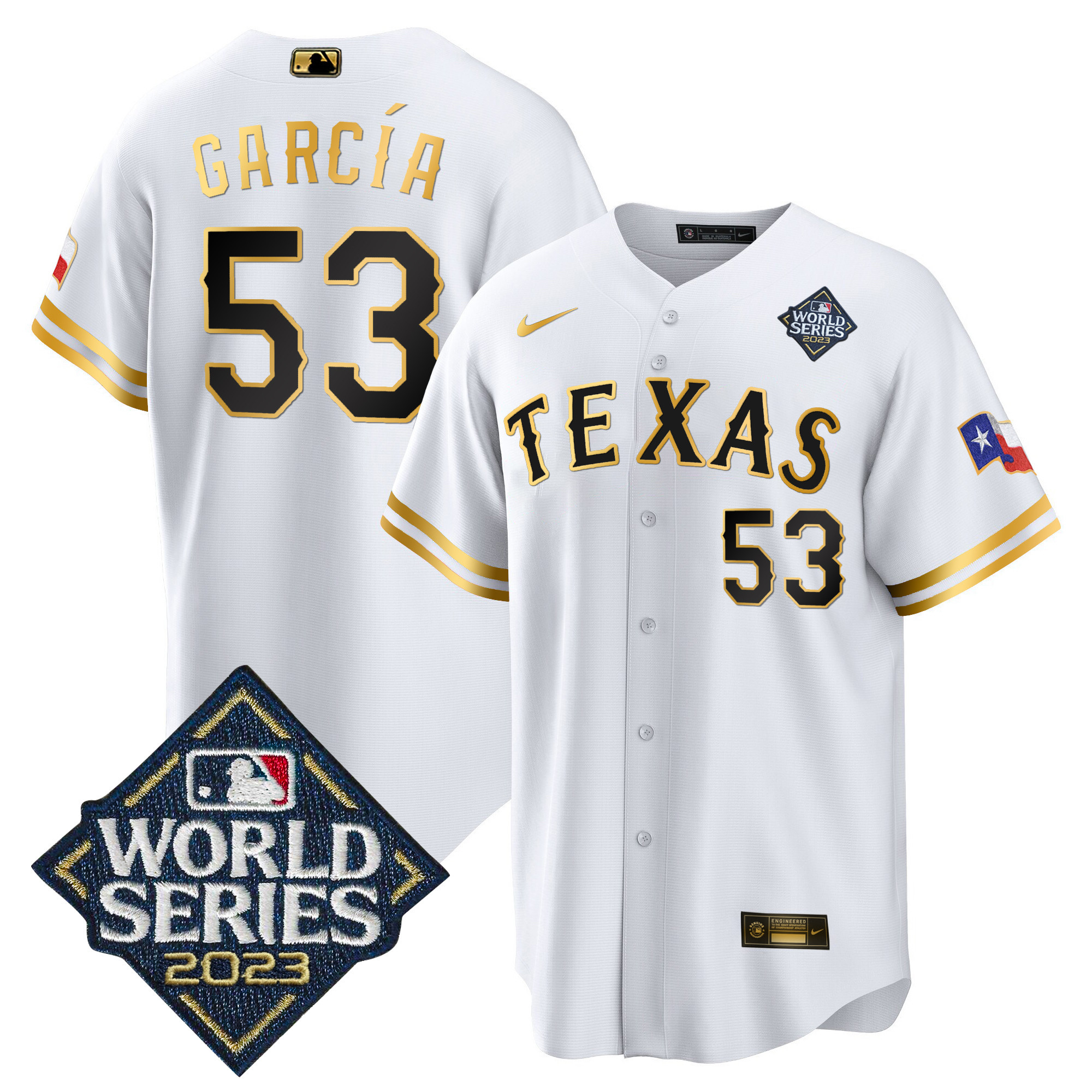 Adolis Garcia Men's Texas Rangers 2023 World Series Cool Base V2 White Gold Jersey - All Stitched