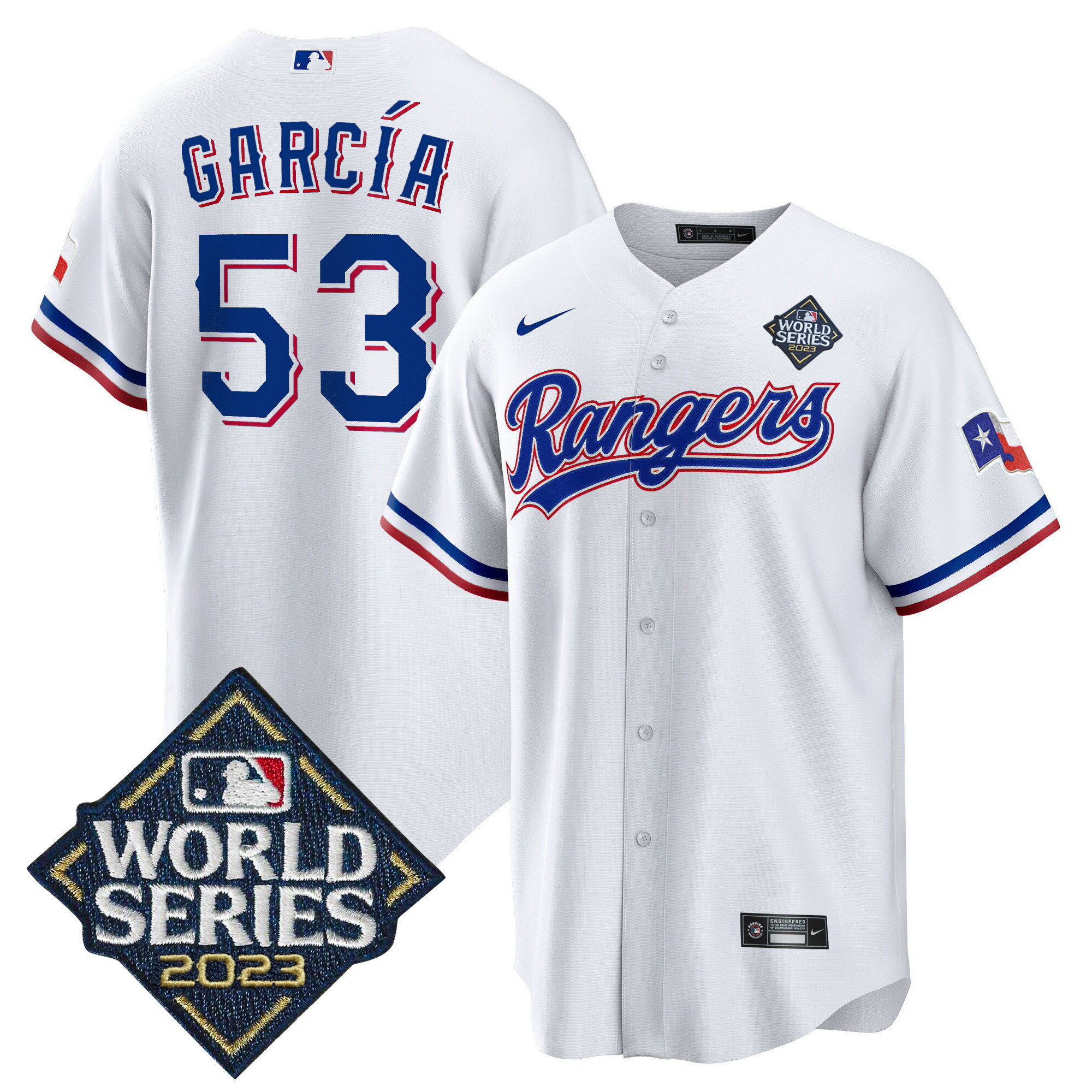 Adolis Garcia Men's Texas Rangers 2023 World Series Cool Base V2 White Jersey - All Stitched