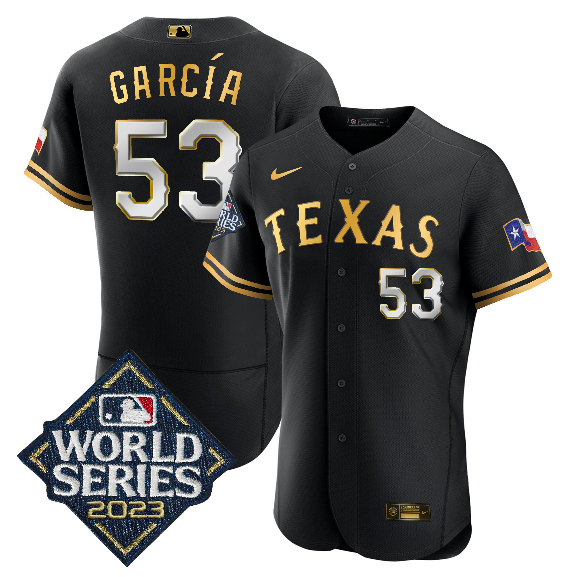 Adolis Garcia Men's Texas Rangers 2023 World Series Flex Base Black Gold Jersey - All Stitched