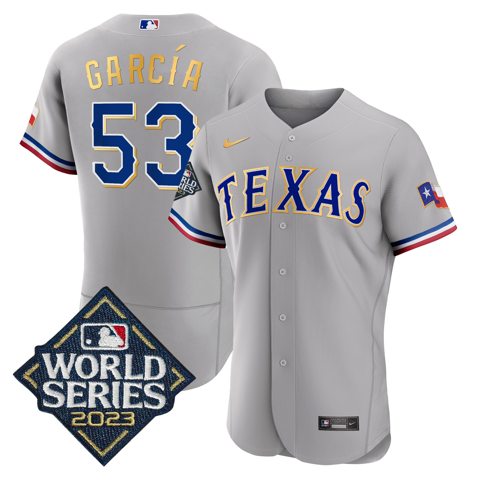 Adolis Garcia Men's Texas Rangers 2023 World Series Flex Base Gold Trim Gray Jersey - All Stitched