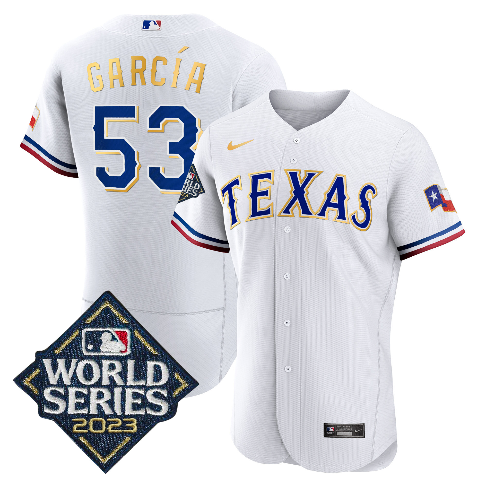 Adolis Garcia Men's Texas Rangers 2023 World Series Flex Base Gold Trim White Jersey - All Stitched