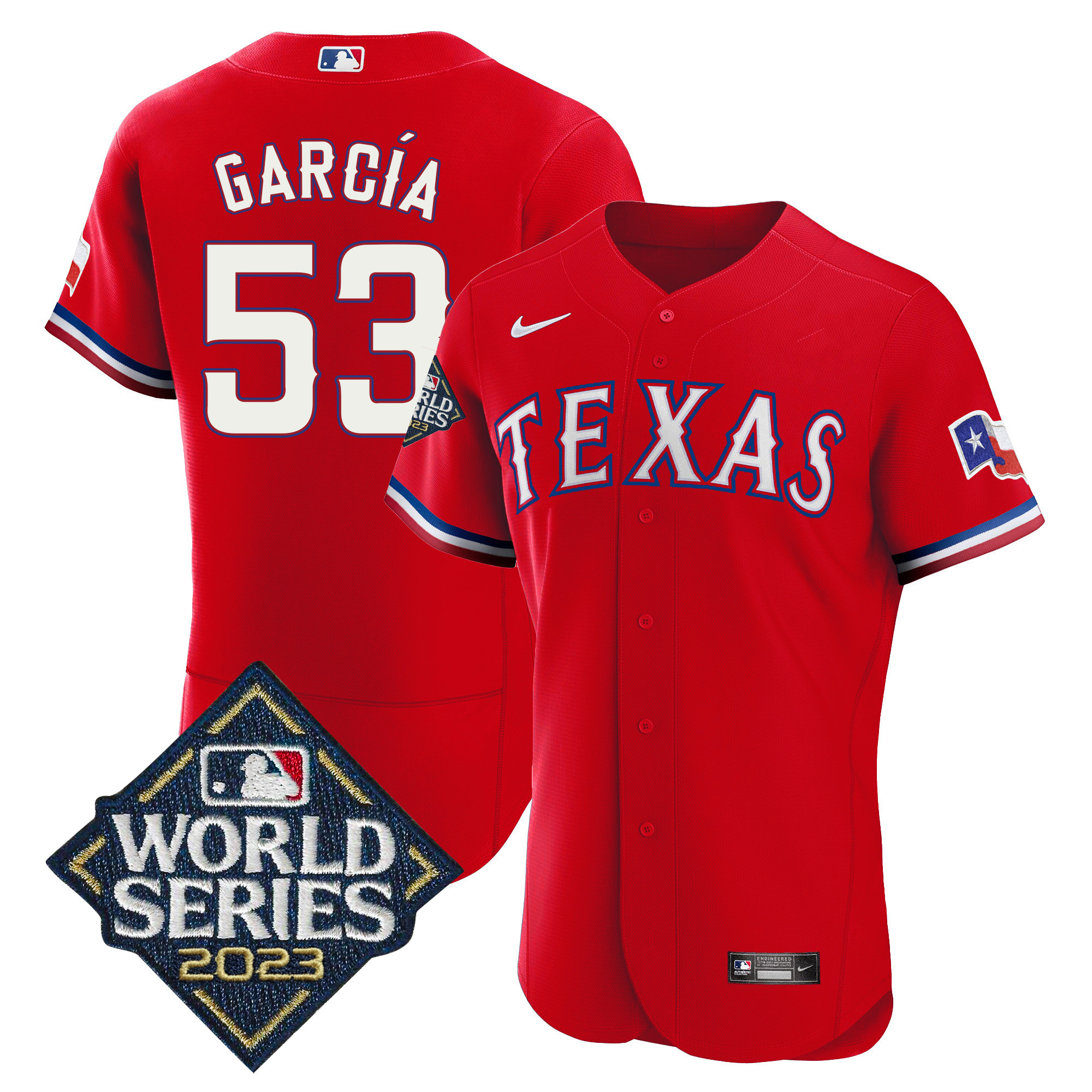 Adolis Garcia Men's Texas Rangers 2023 World Series Flex Base Red Jersey - All Stitched