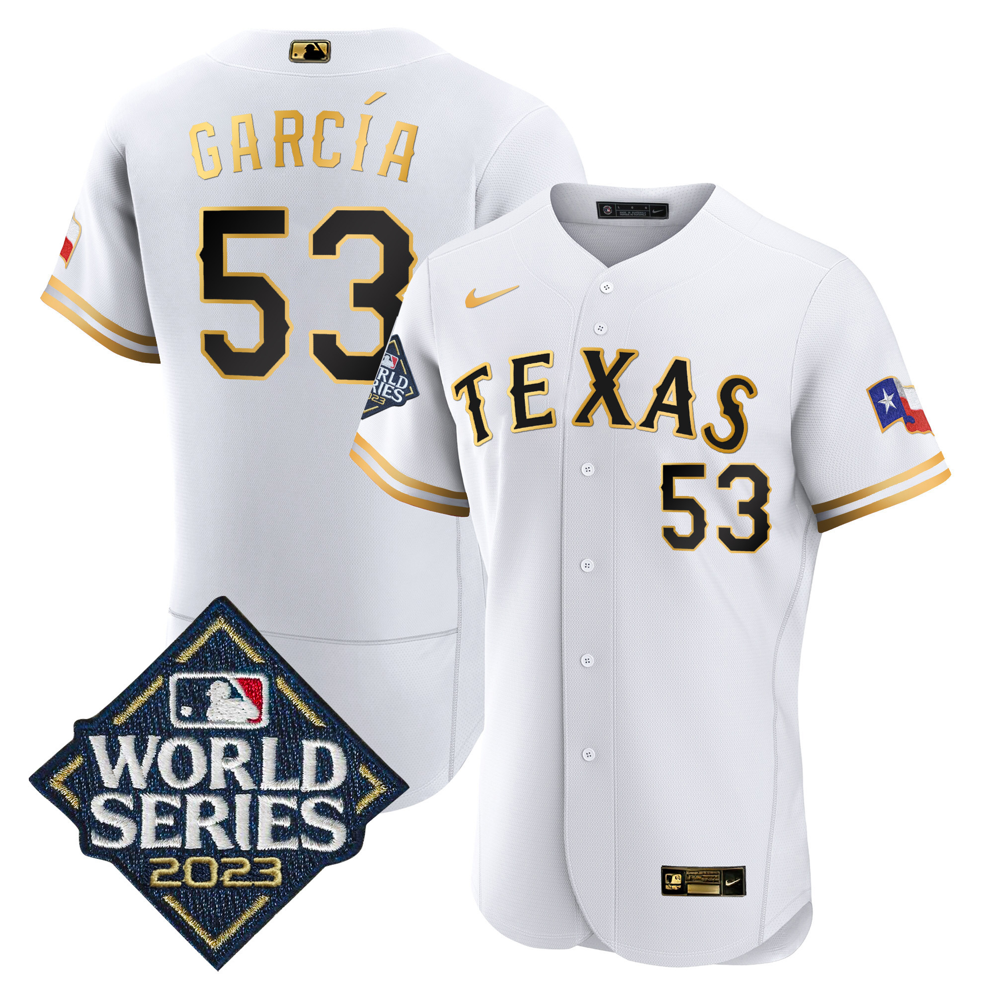 Adolis Garcia Men's Texas Rangers 2023 World Series Flex Base White Gold Jersey - All Stitched