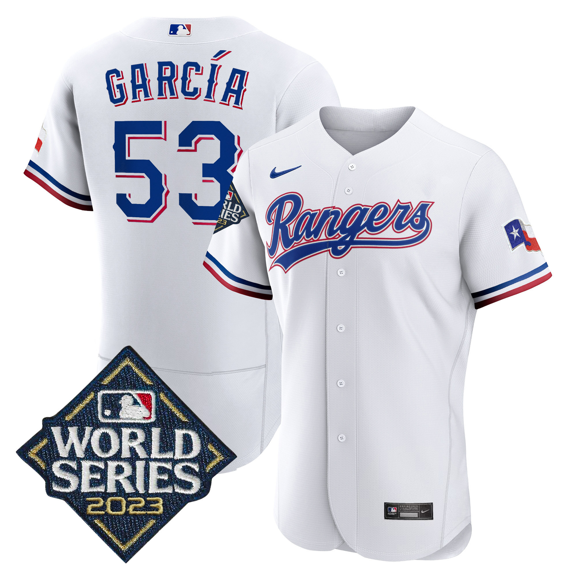 Adolis Garcia Men's Texas Rangers 2023 World Series Flex Base White Jersey - All Stitched