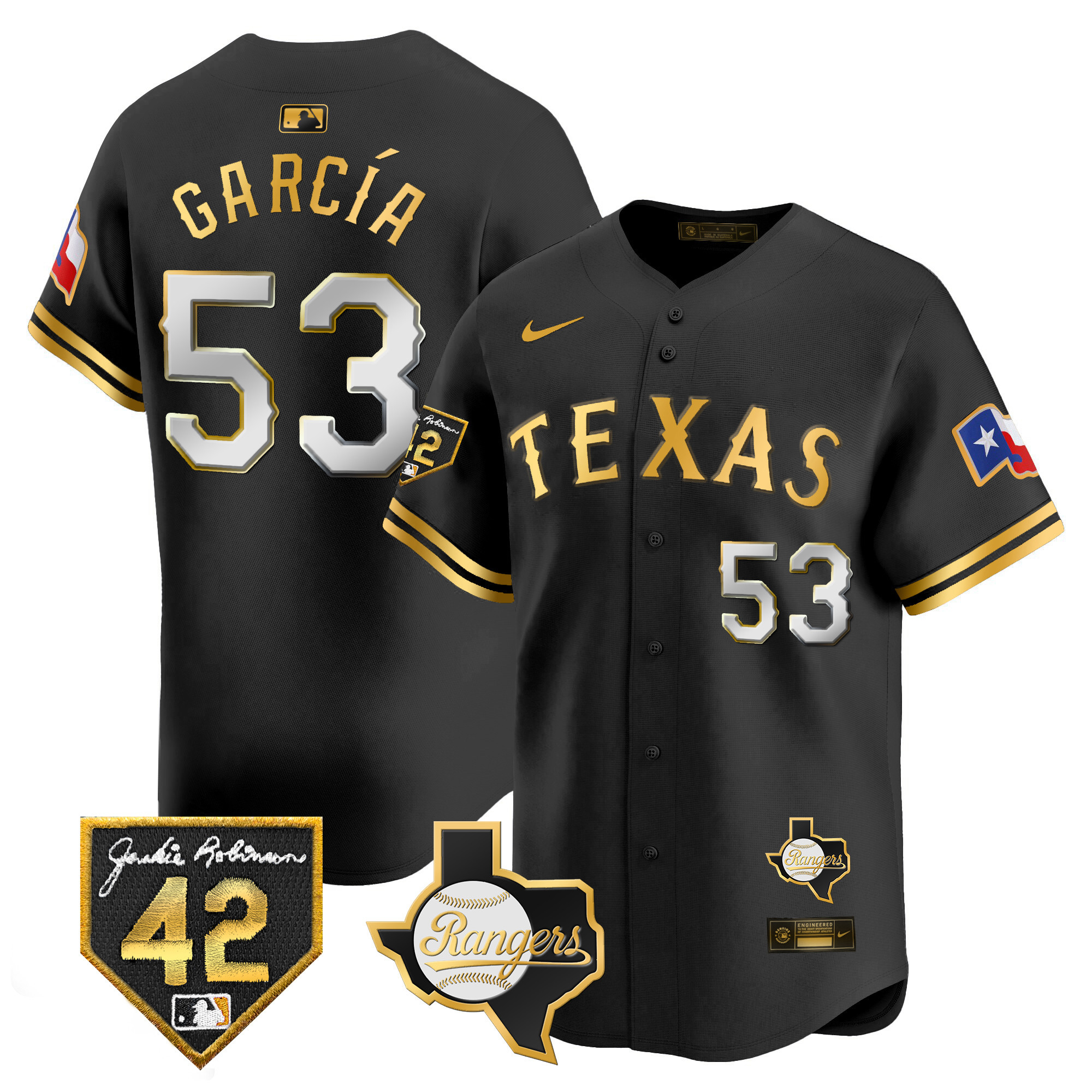 Adolis Garcia Men's Texas Rangers 2024 Jackie Robinson Patch Vapor Premier Limited Black Gold Jersey - All Stitched