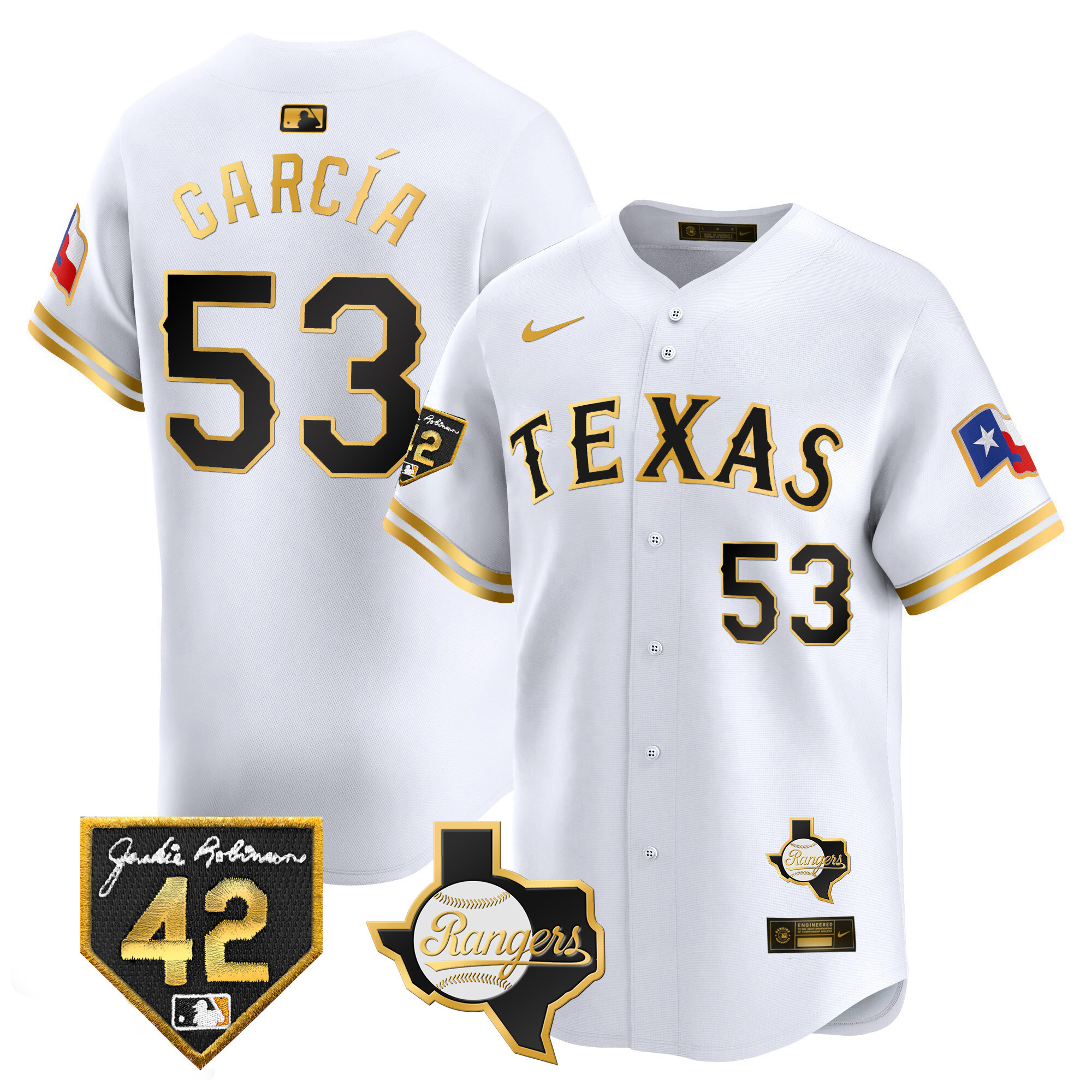 Adolis Garcia Men's Texas Rangers 2024 Jackie Robinson Patch Vapor Premier Limited White Gold Jersey - All Stitched