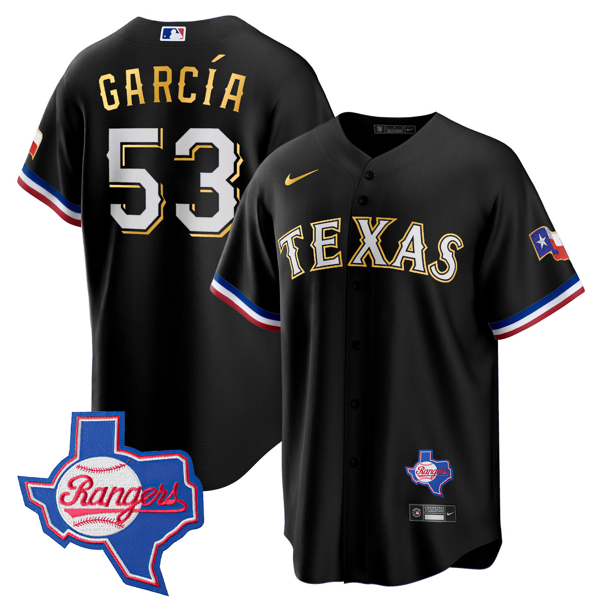 Adolis Garcia Men's Texas Rangers Gold Trim Cool Base - Texas Patch Black Jersey - All Stitched