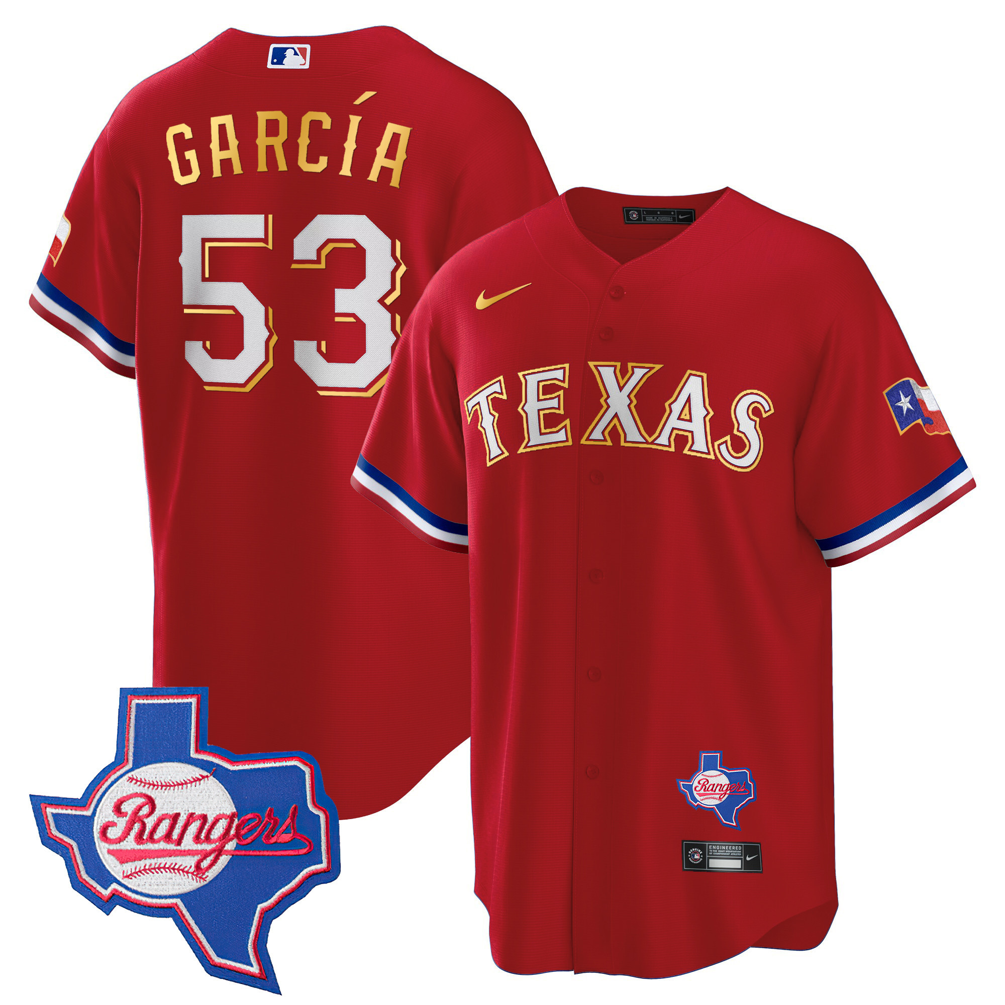 Adolis Garcia Men's Texas Rangers Gold Trim Cool Base - Texas Patch Red Jersey - All Stitched