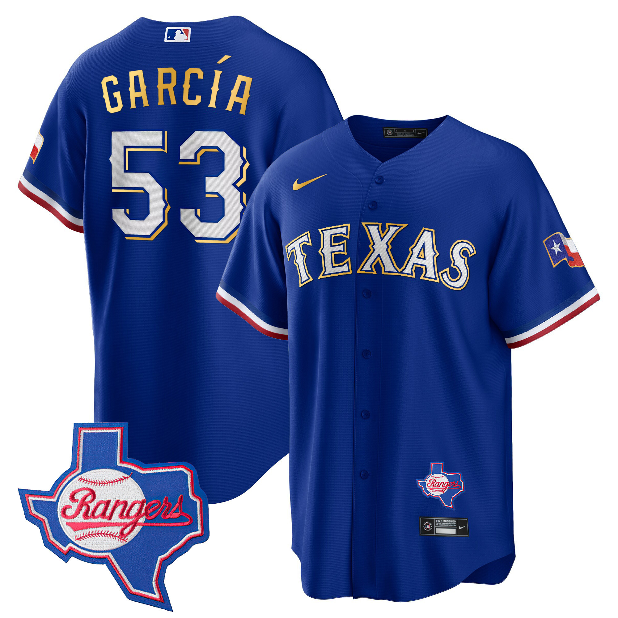 Adolis Garcia Men's Texas Rangers Gold Trim Cool Base - Texas Patch Royal Jersey - All Stitched