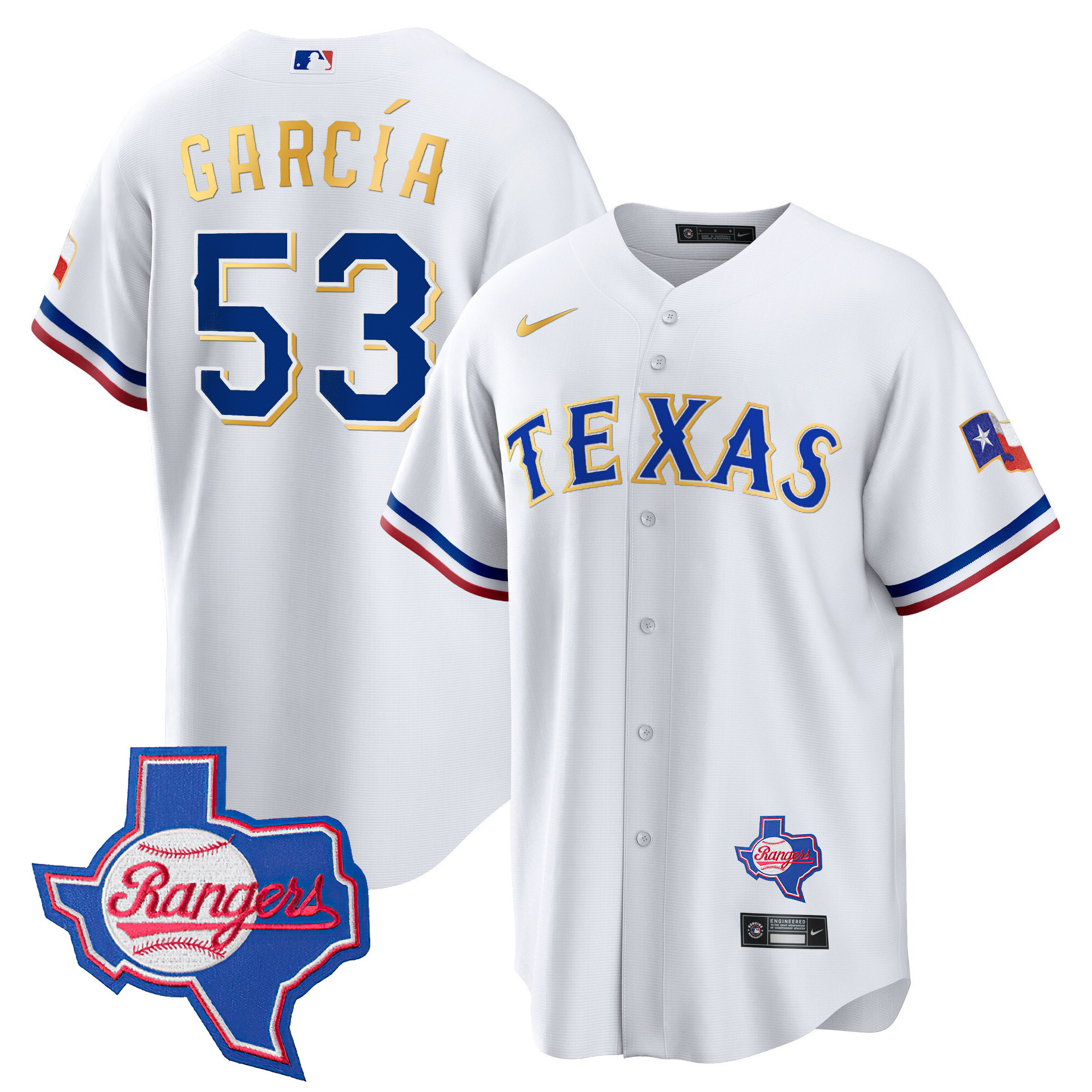 Adolis Garcia Men's Texas Rangers Gold Trim Cool Base - Texas Patch White Jersey - All Stitched