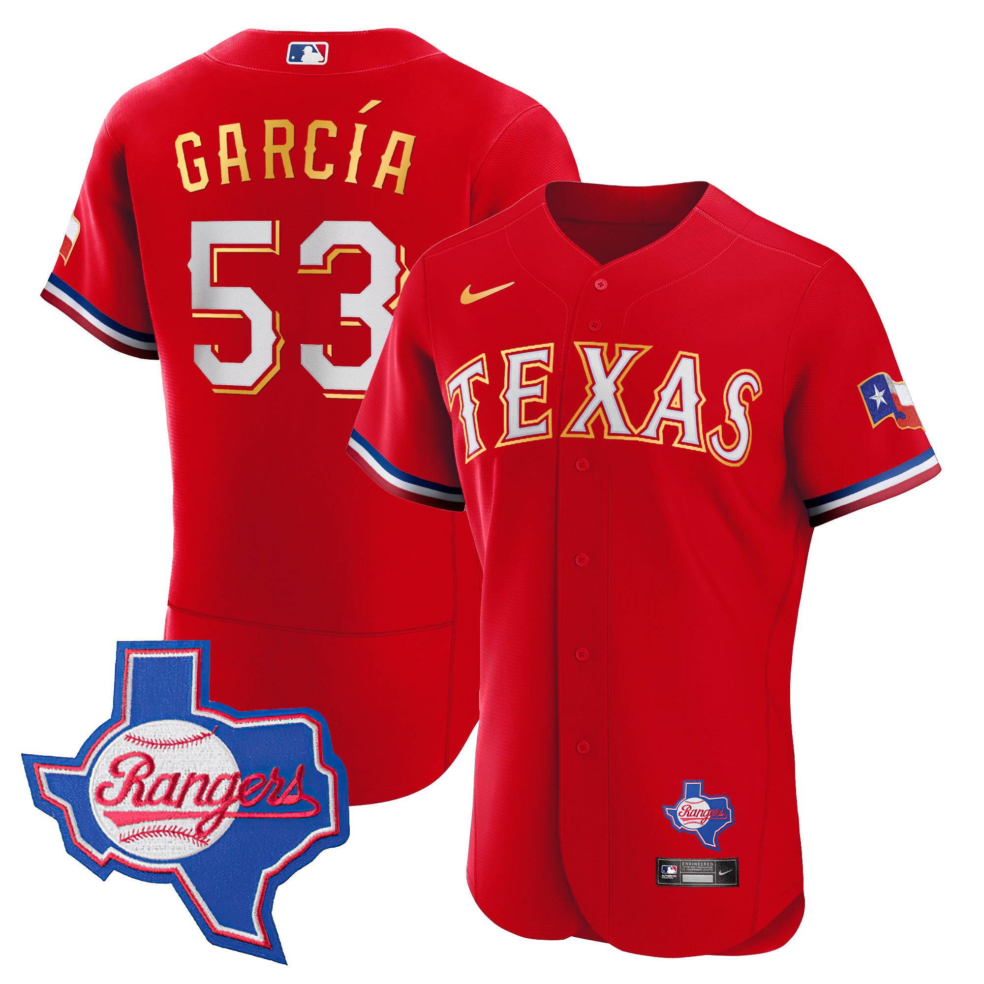 Adolis Garcia Men's Texas Rangers Gold Trim Flex Base - Texas Patch Red Jersey - All Stitched