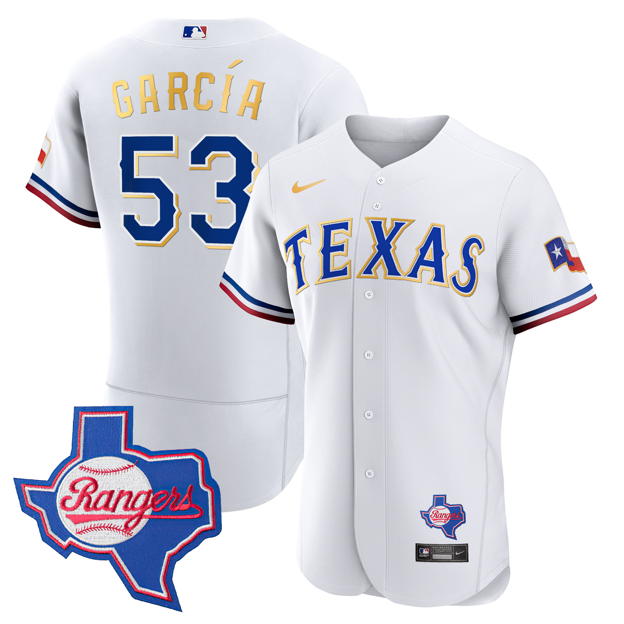 Adolis Garcia Men's Texas Rangers Gold Trim Flex Base - Texas Patch White Jersey - All Stitched