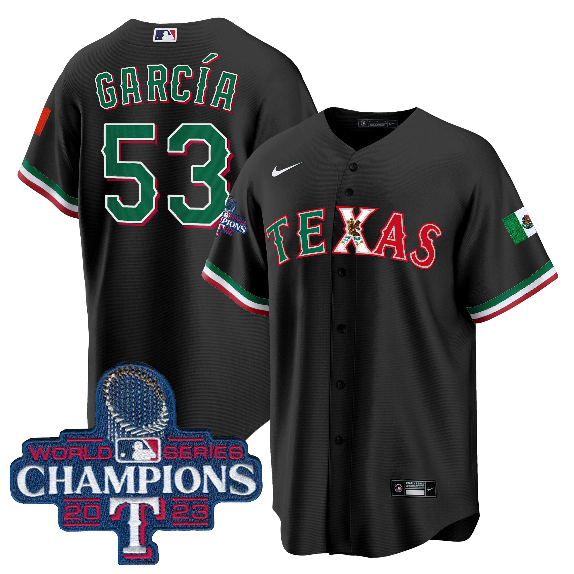 Adolis Garcia Men's Texas Rangers Mexico 2023 World Series Champions Baseball Black Jersey - All Stitched