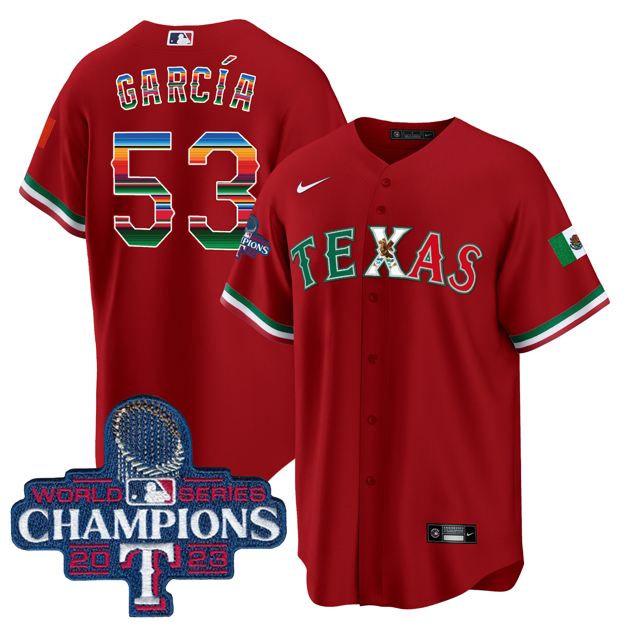 Adolis Garcia Men's Texas Rangers Mexico 2023 World Series Champions Baseball V2 Red Jersey - All Stitched