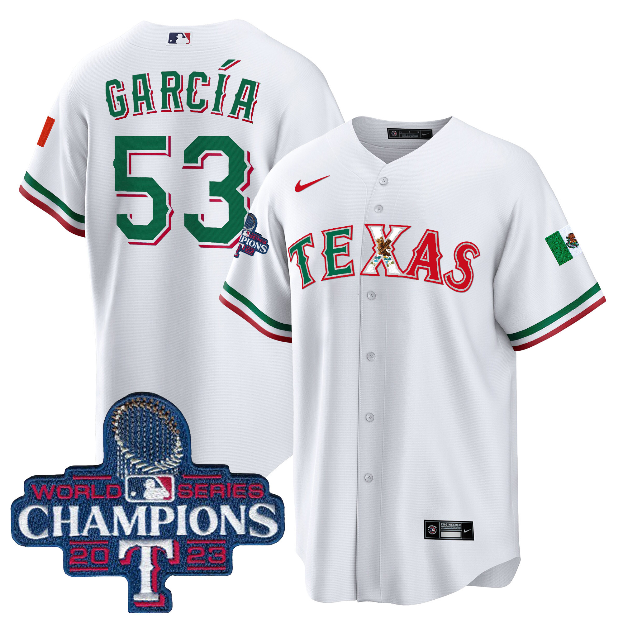 Adolis Garcia Men's Texas Rangers Mexico 2023 World Series Champions Baseball White Jersey - All Stitched