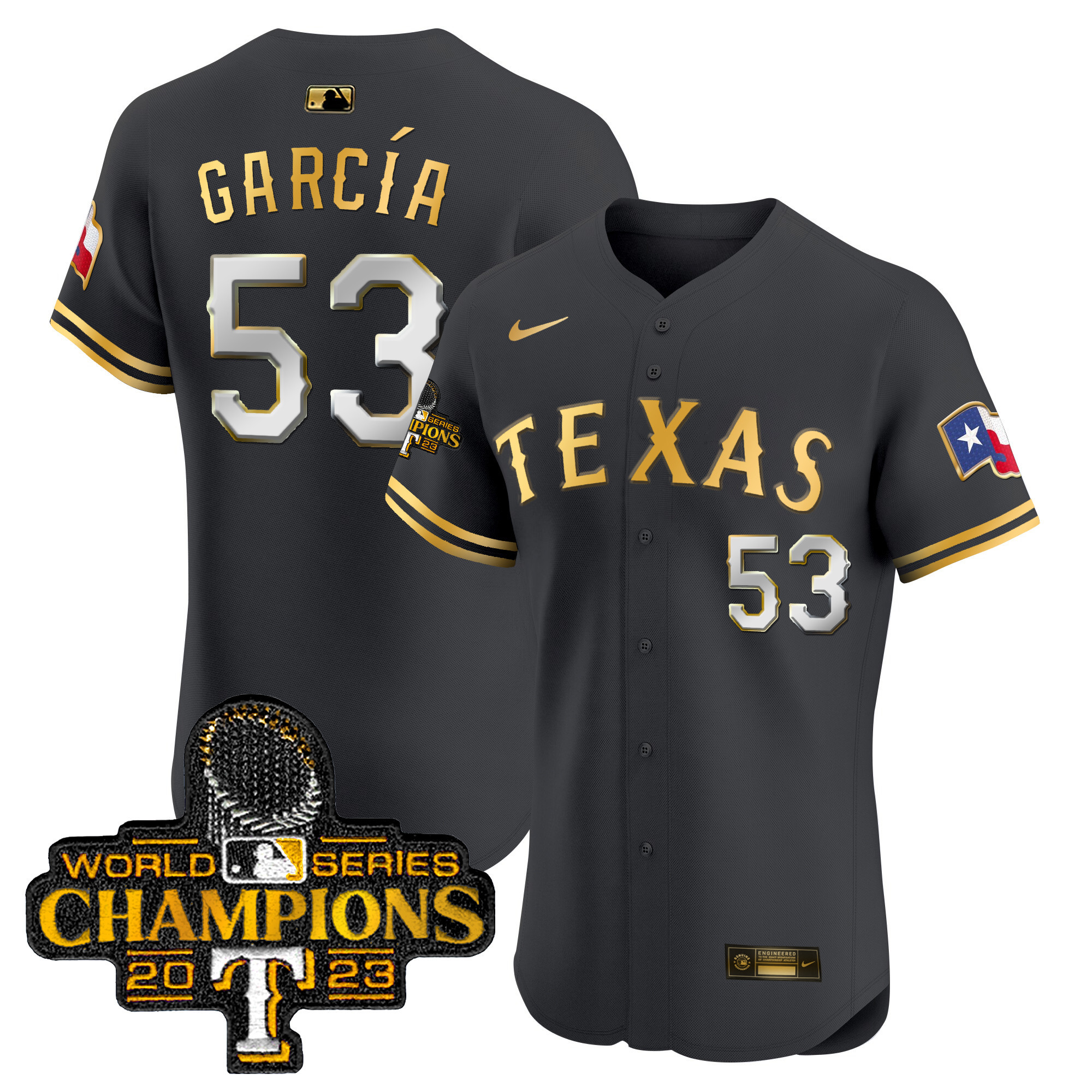 Adolis Garcia Men's Texas Rangers World Series Champions Vapor Premier Elite Black Gold Jersey - All Stitched