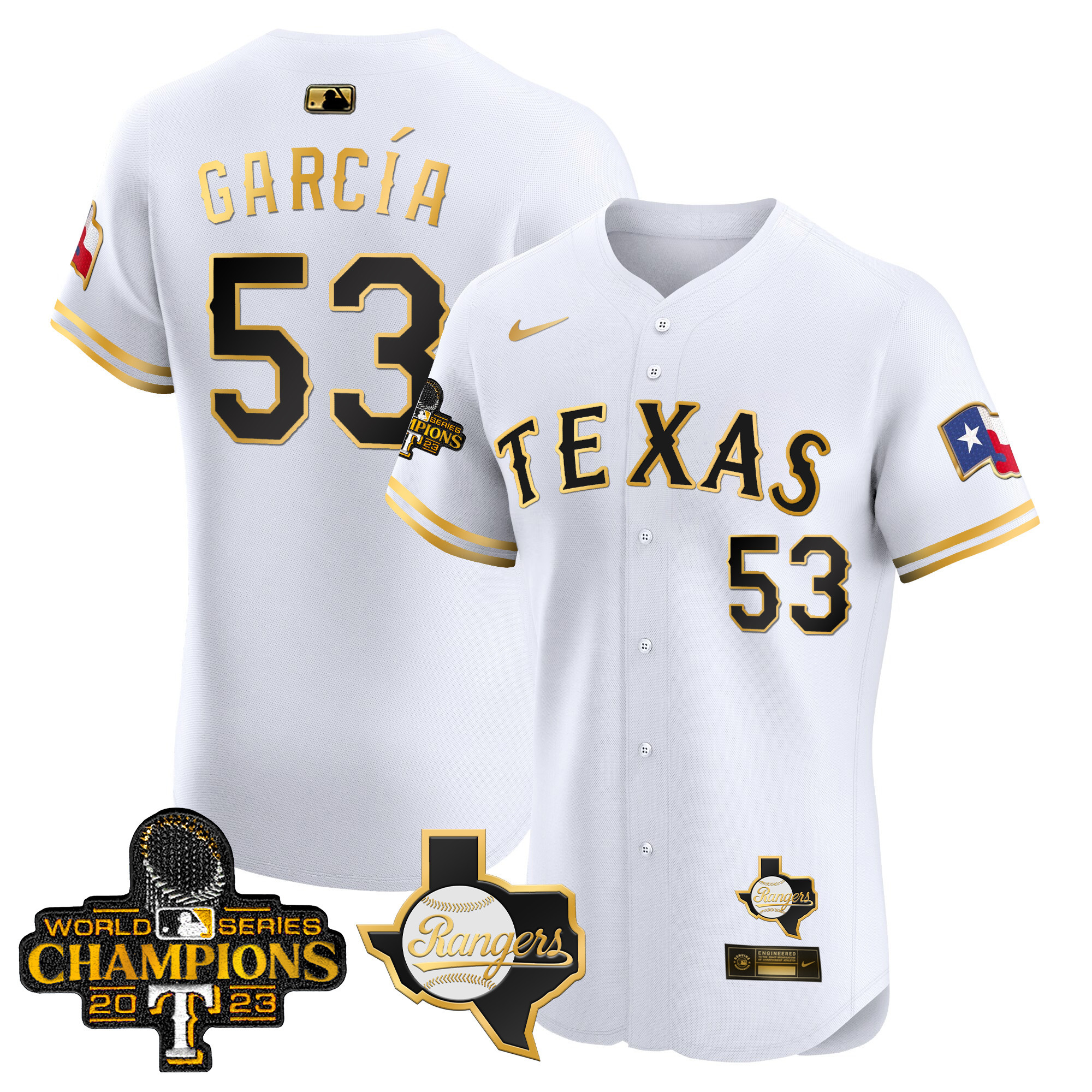 Adolis Garcia Men's Texas Rangers World Series Champions Vapor Premier Elite V2 White Gold Jersey - All Stitched