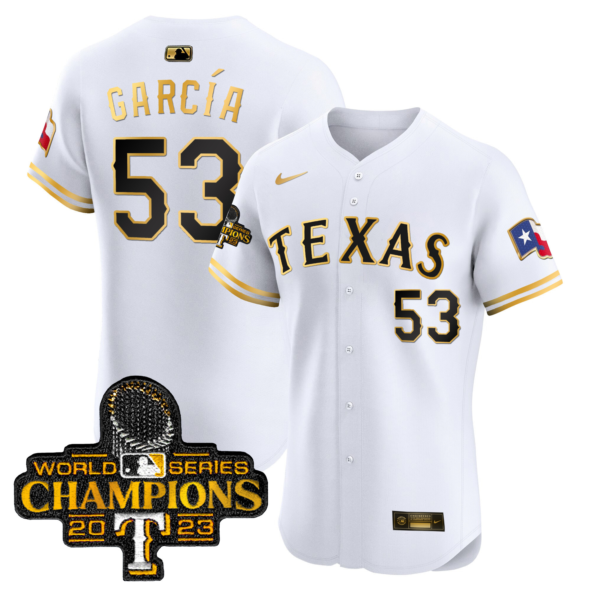 Adolis Garcia Men's Texas Rangers World Series Champions Vapor Premier Elite White Gold Jersey - All Stitched