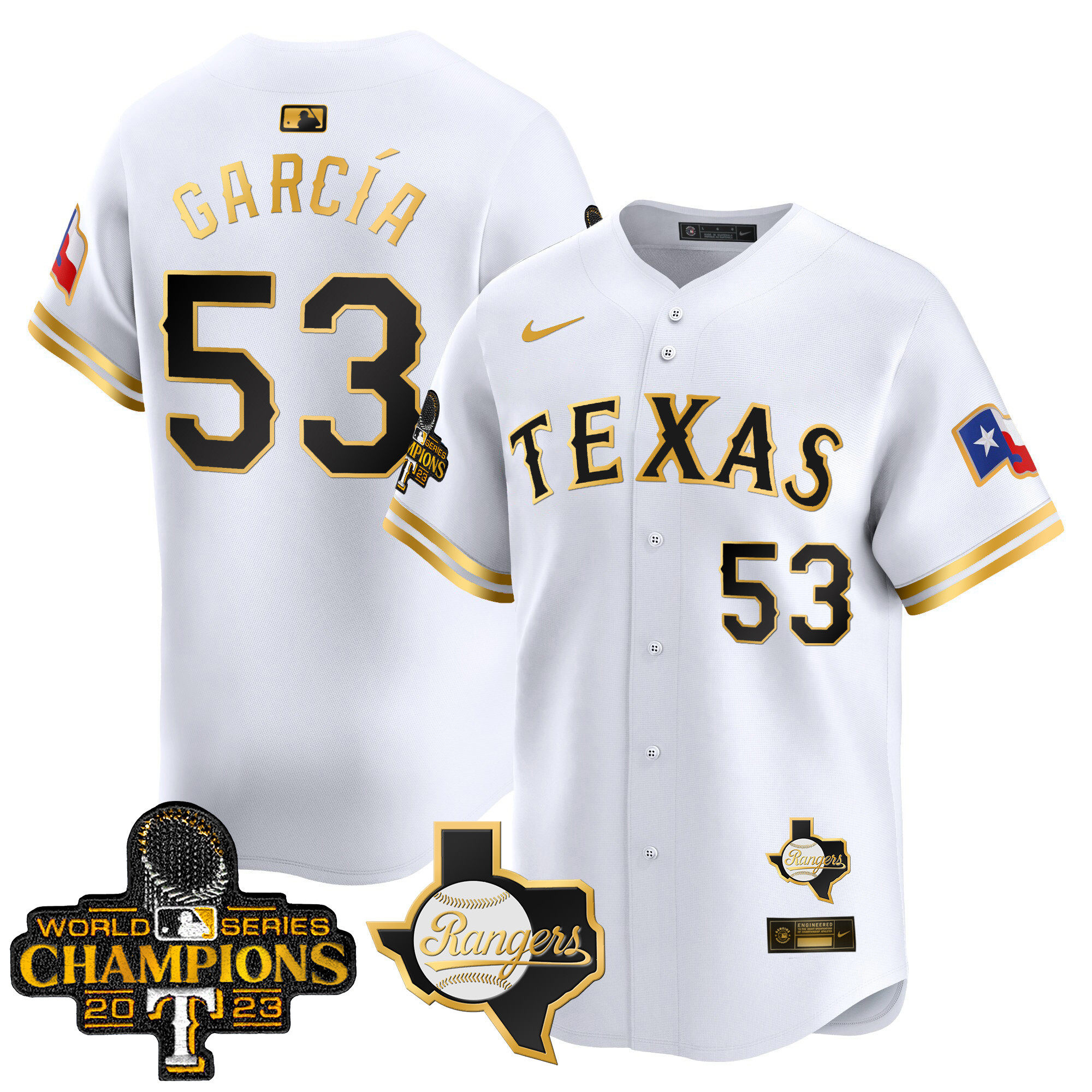 Adolis Garcia Men's Texas Rangers World Series Champions Vapor Premier Limited V2 White Gold Jersey - All Stitched