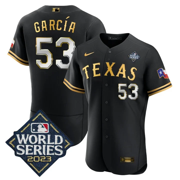ADOLIS GARCIA TEXAS RANGERS 2023 WORLD SERIES BLACK GOLD JERSEY - ALL STITCHED