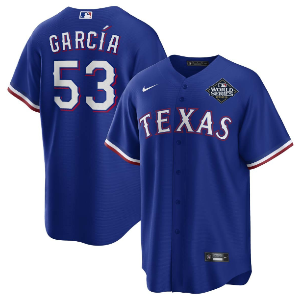 ADOLIS GARCIA TEXAS RANGERS 2023 WORLD SERIES BLUE JERSEY - ALL STITCHED