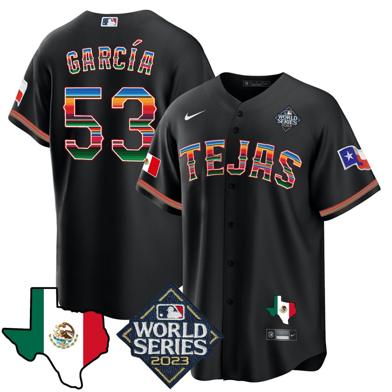 Adolis Garcia Texas Rangers Mexico World Series 2023 Black Jersey - All Stitched