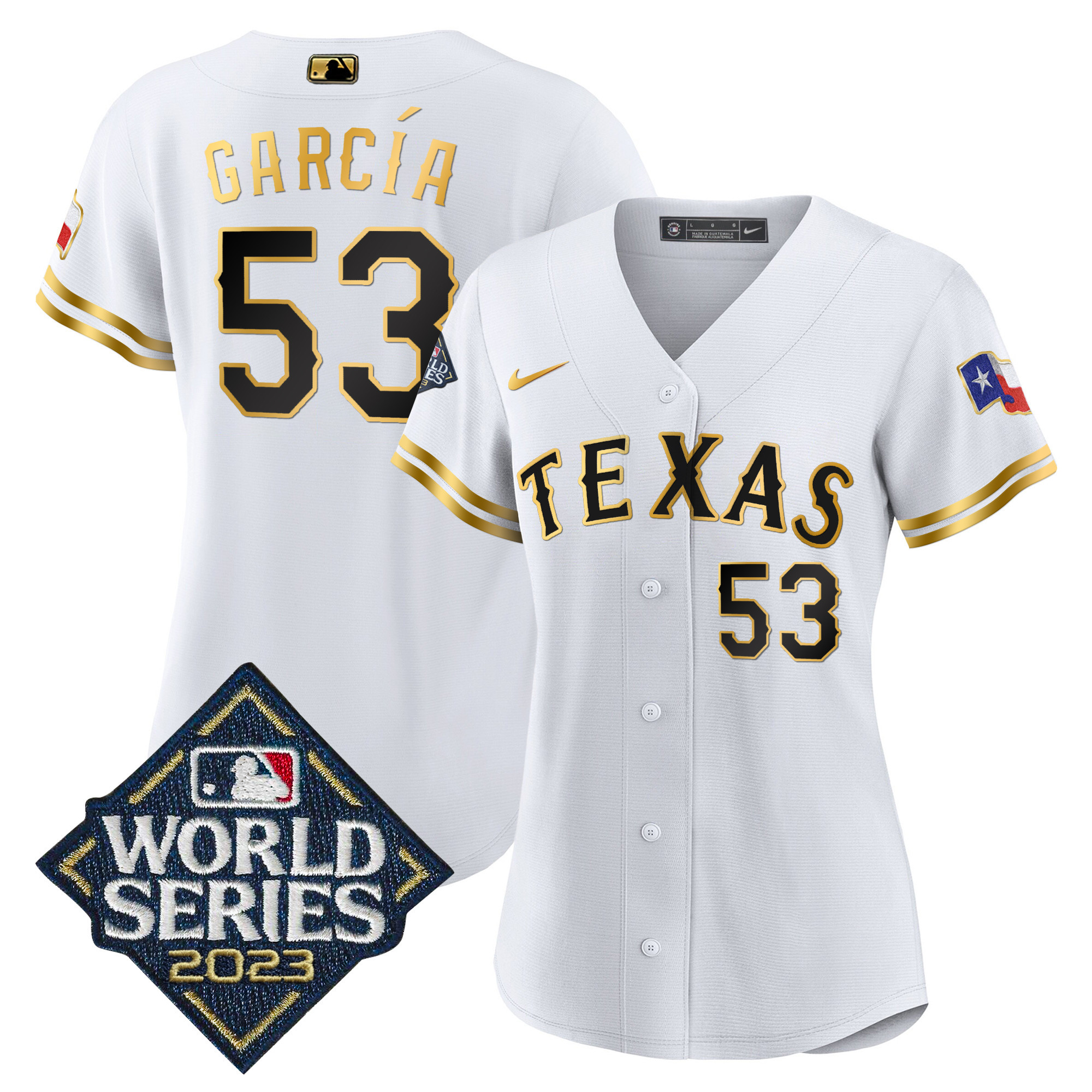Adolis Garcia Women's Texas Rangers 2023 World Series Baseball White Gold Jersey - All Stitched