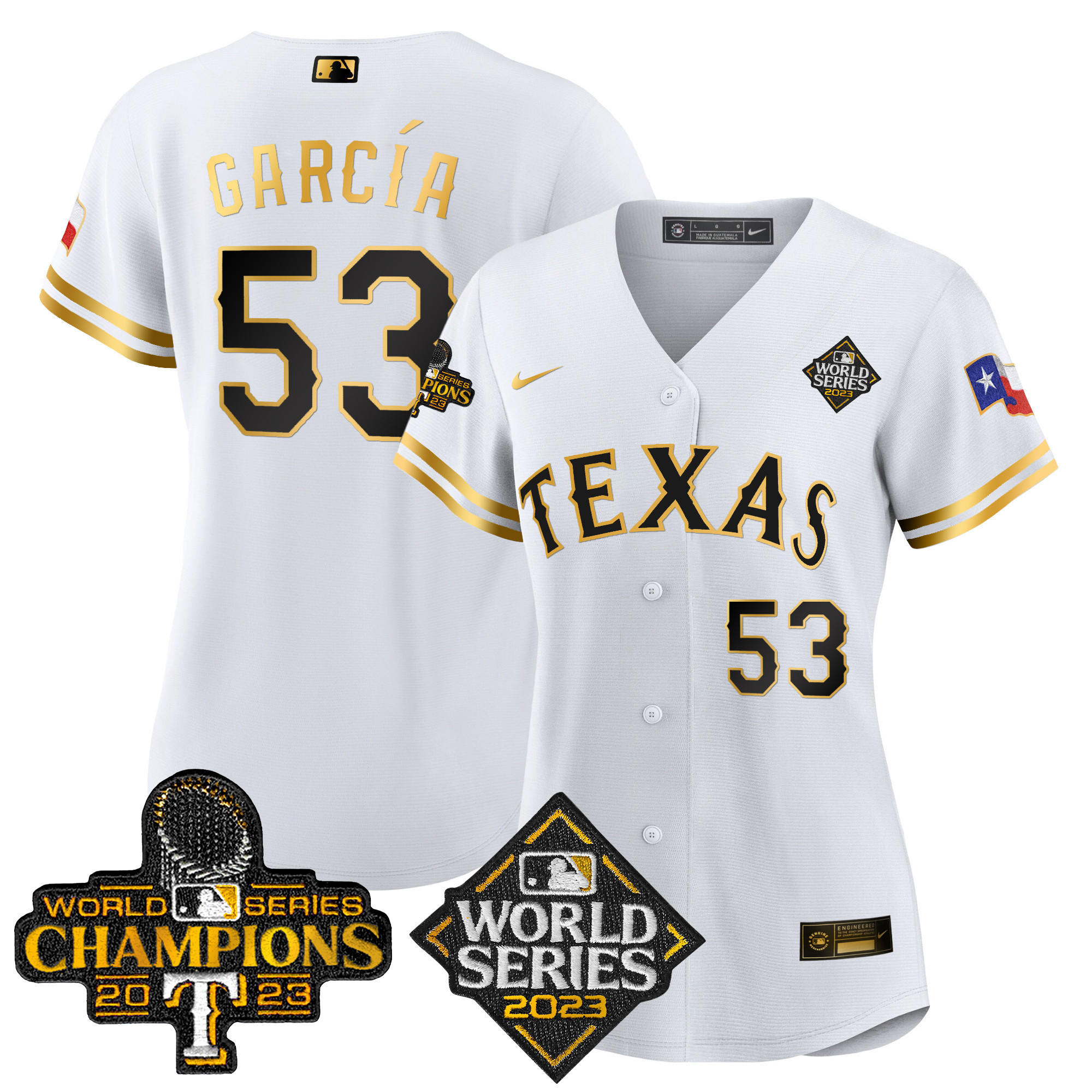 Adolis Garcia Women's Texas Rangers 2023 World Series Champions Baseball V4 White Gold Jersey - All Stitched