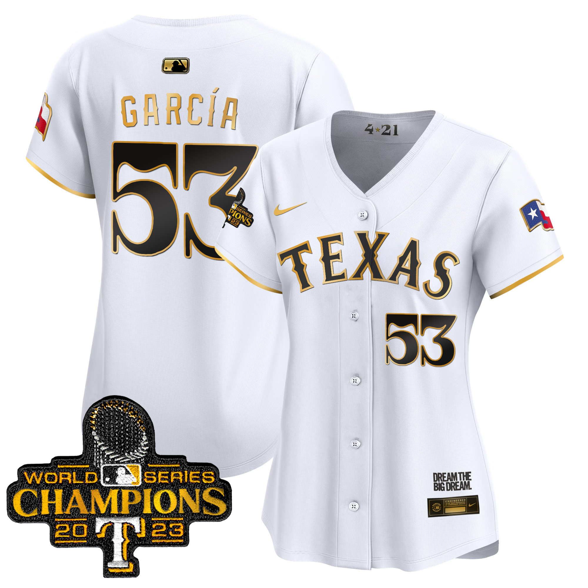 Adolis Garcia Women's Texas Rangers 2023 World Series Champions City Connect Vapor Premier Limited White Gold Jersey - All Stitched