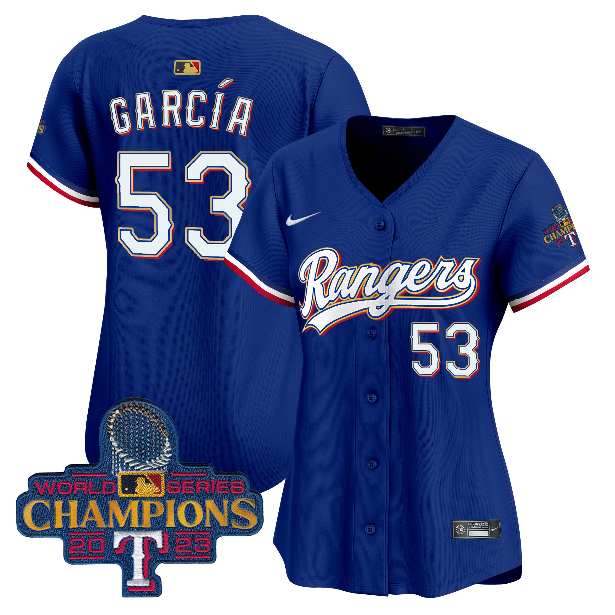 Adolis Garcia Women's Texas Rangers 2023 World Series Champions Gold Trim Vapor Premier Limited Royal Jersey - All Stitched