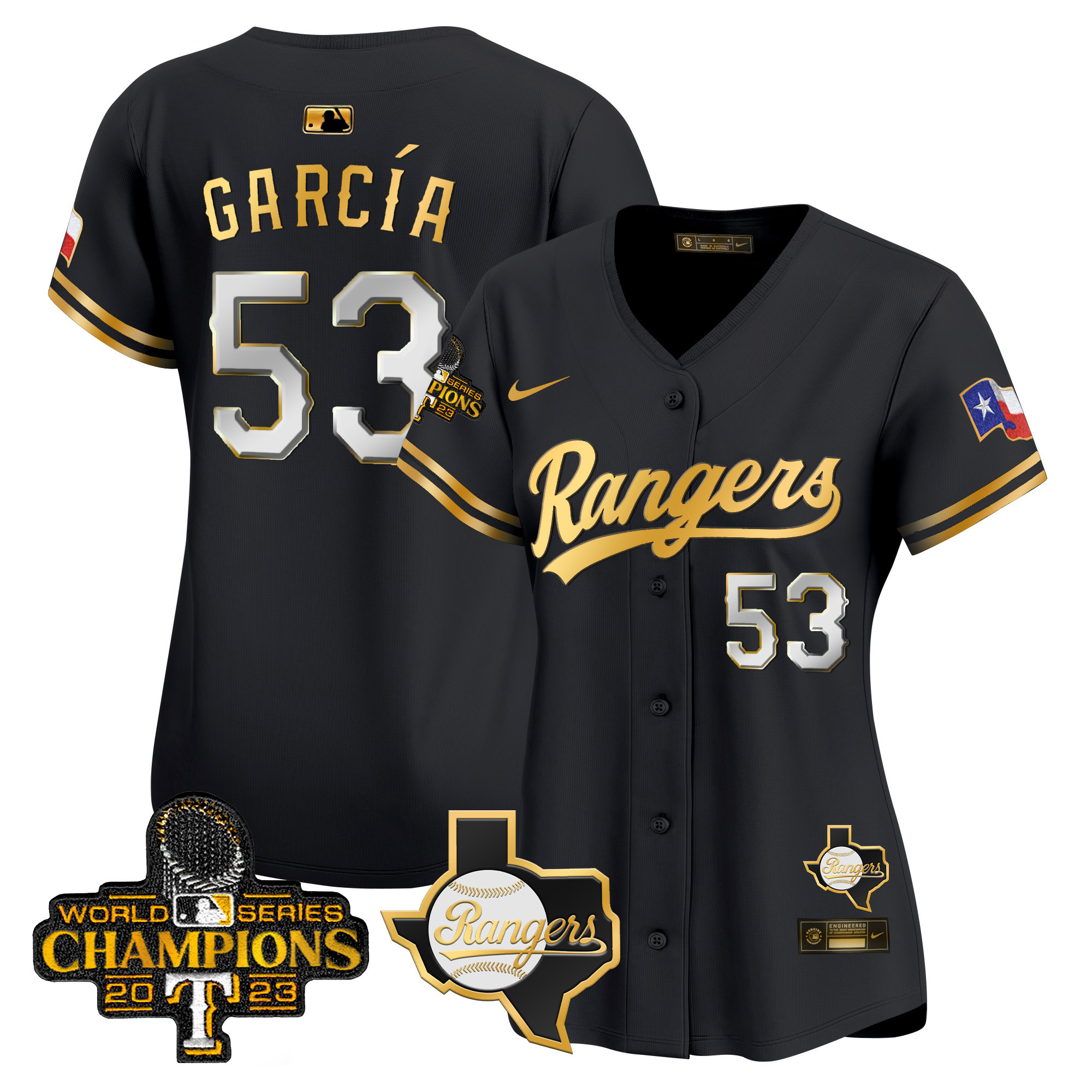 Adolis Garcia Women's Texas Rangers 2023 World Series Champions Gold Trim Vapor Premier Limited V2 Black Gold Jersey - All Stitched