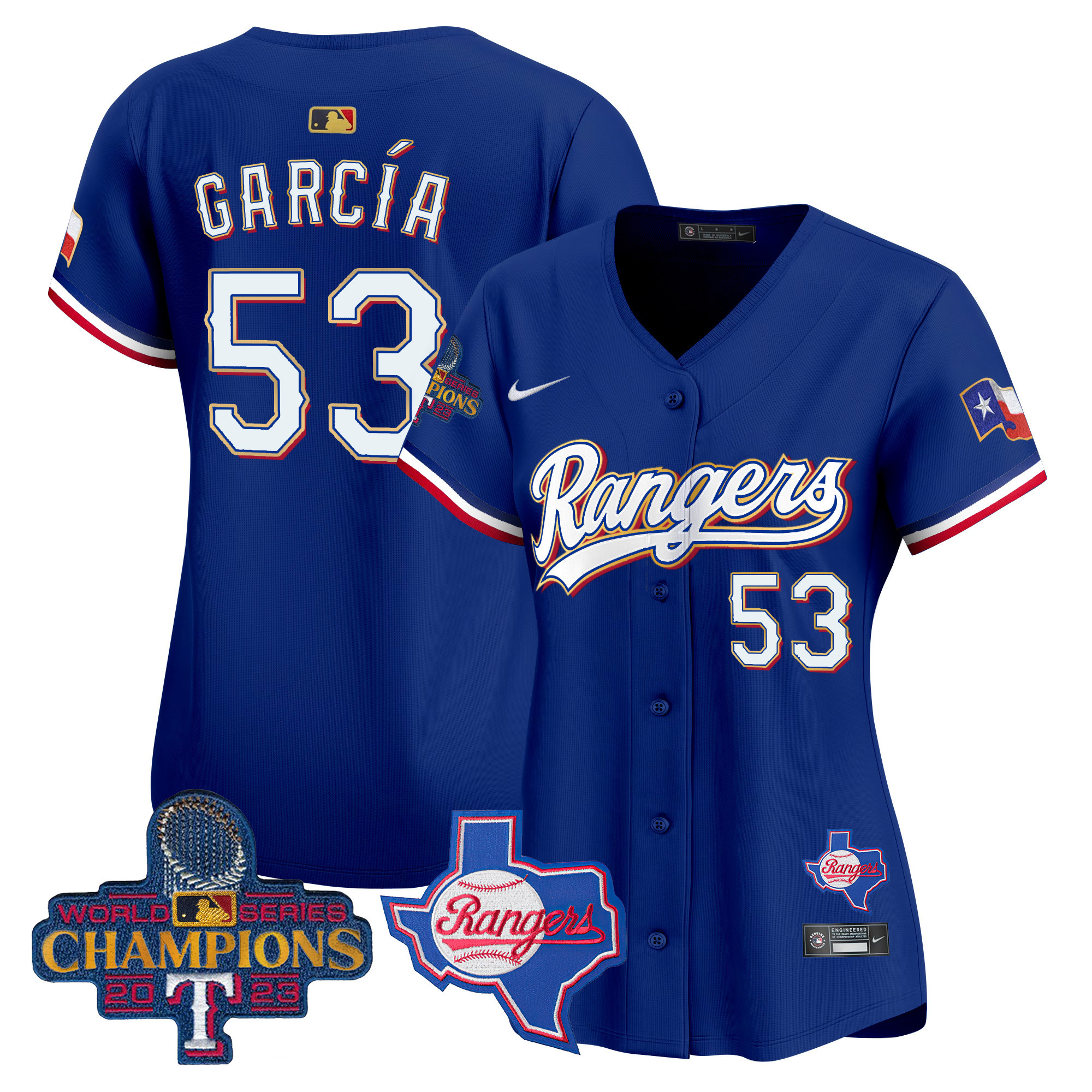 Adolis Garcia Women's Texas Rangers 2023 World Series Champions Gold Trim Vapor Premier Limited V2 Royal Jersey - All Stitched