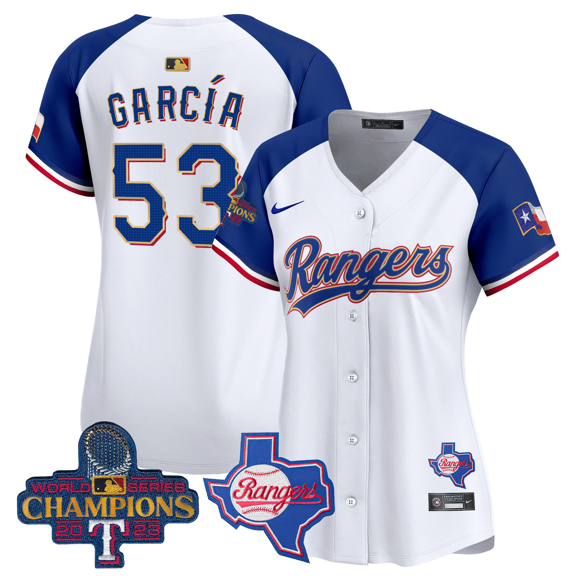 Adolis Garcia Women's Texas Rangers 2023 World Series Champions Gold Trim Vapor Premier Limited V2 White Alternate Jersey - All Stitched