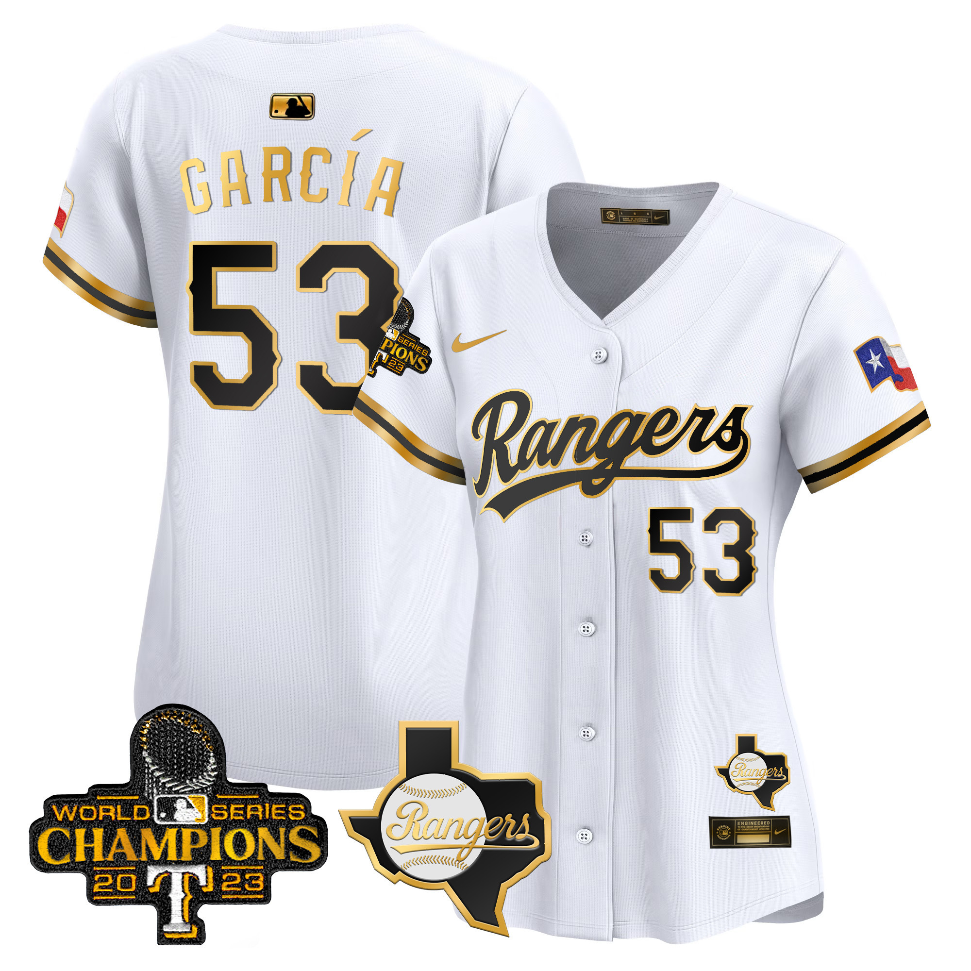 Adolis Garcia Women's Texas Rangers 2023 World Series Champions Gold Trim Vapor Premier Limited V2 White Gold Jersey - All Stitched