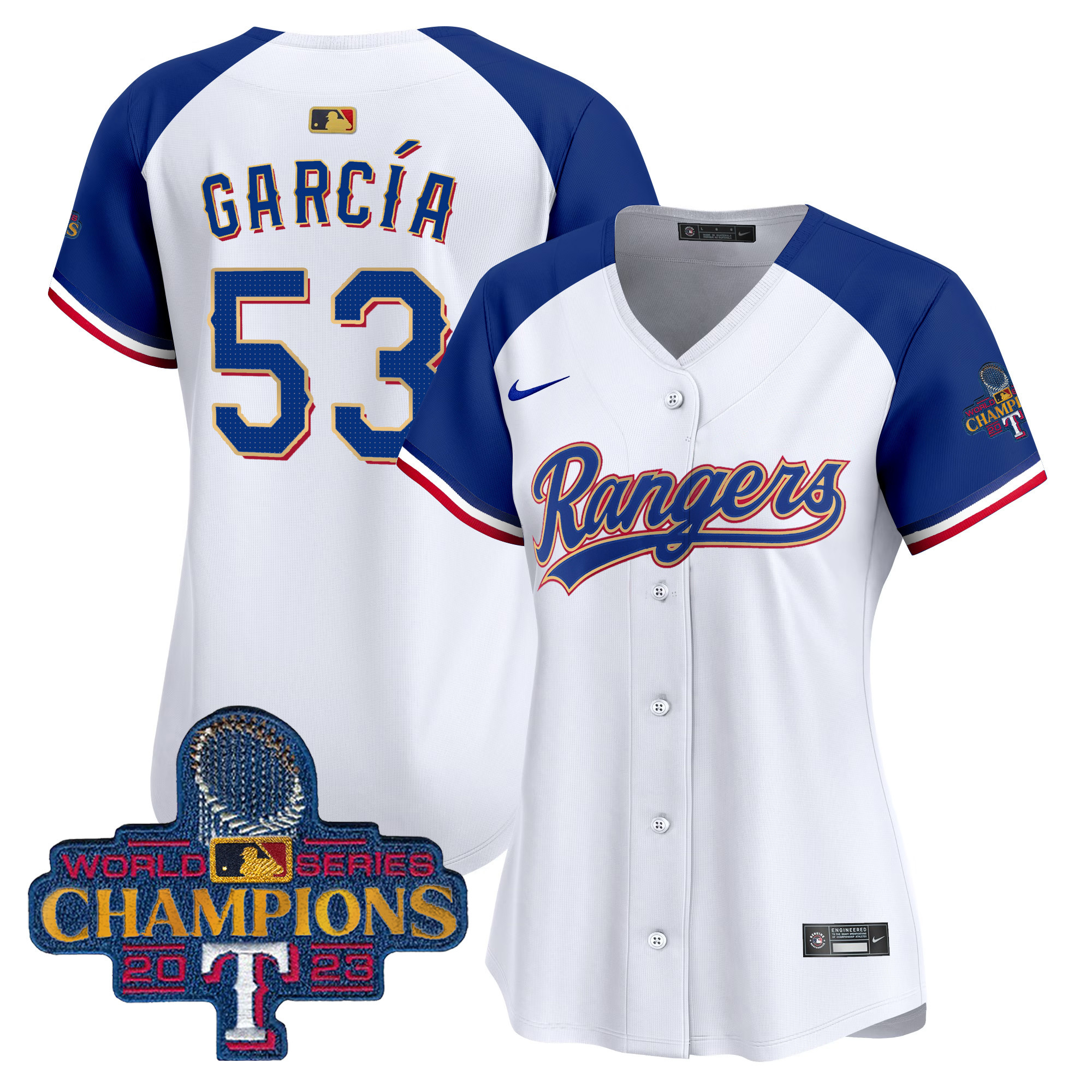 Adolis Garcia Women's Texas Rangers 2023 World Series Champions Gold Trim Vapor Premier Limited White Alternate Jersey - All Stitched