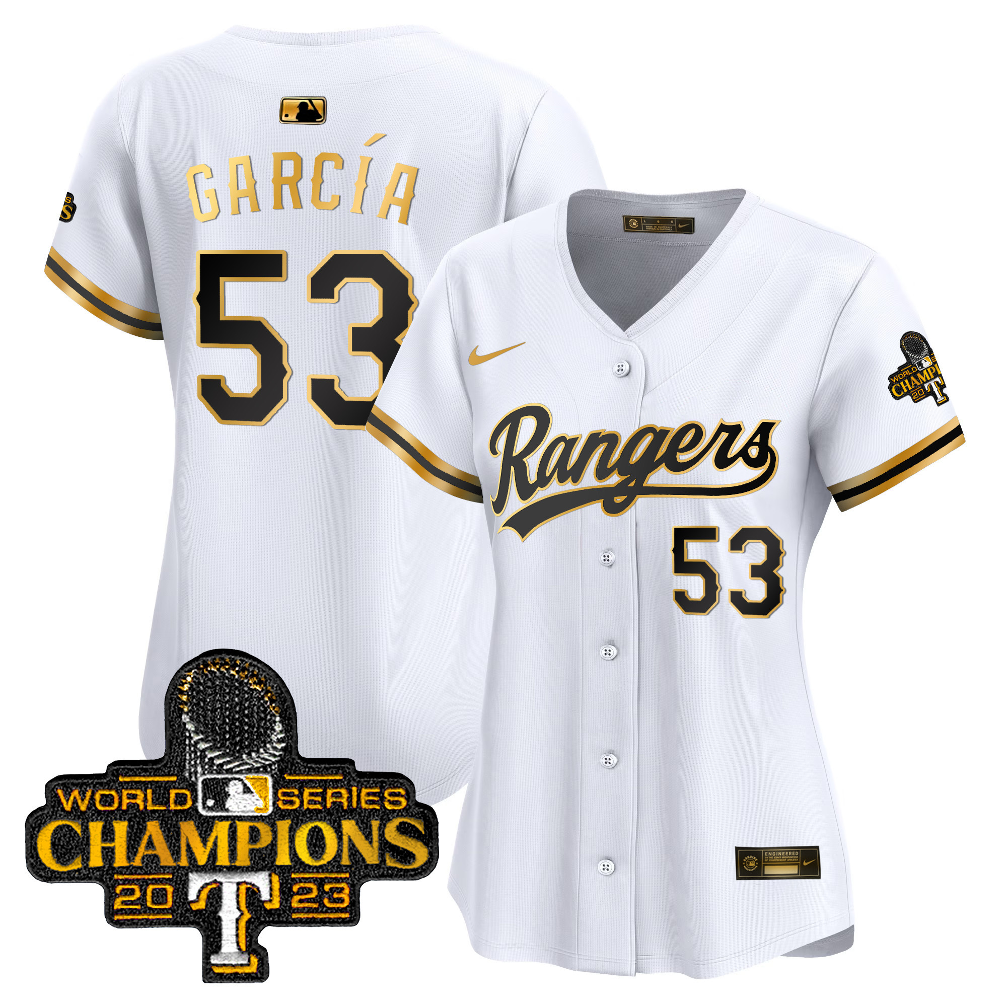 Adolis Garcia Women's Texas Rangers 2023 World Series Champions Gold Trim Vapor Premier Limited White Gold Jersey - All Stitched