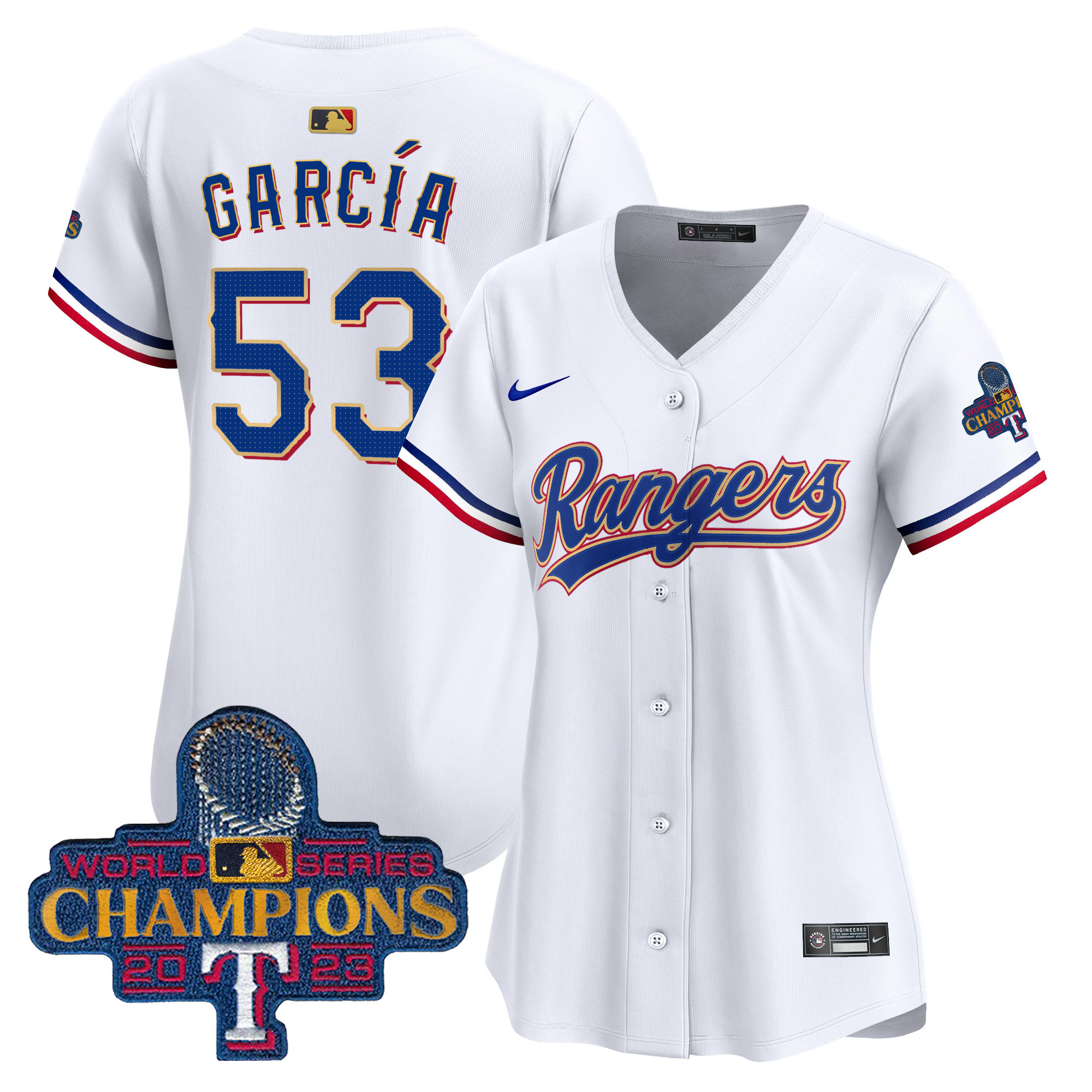 Adolis Garcia Women's Texas Rangers 2023 World Series Champions Gold Trim Vapor Premier Limited White Jersey - All Stitched