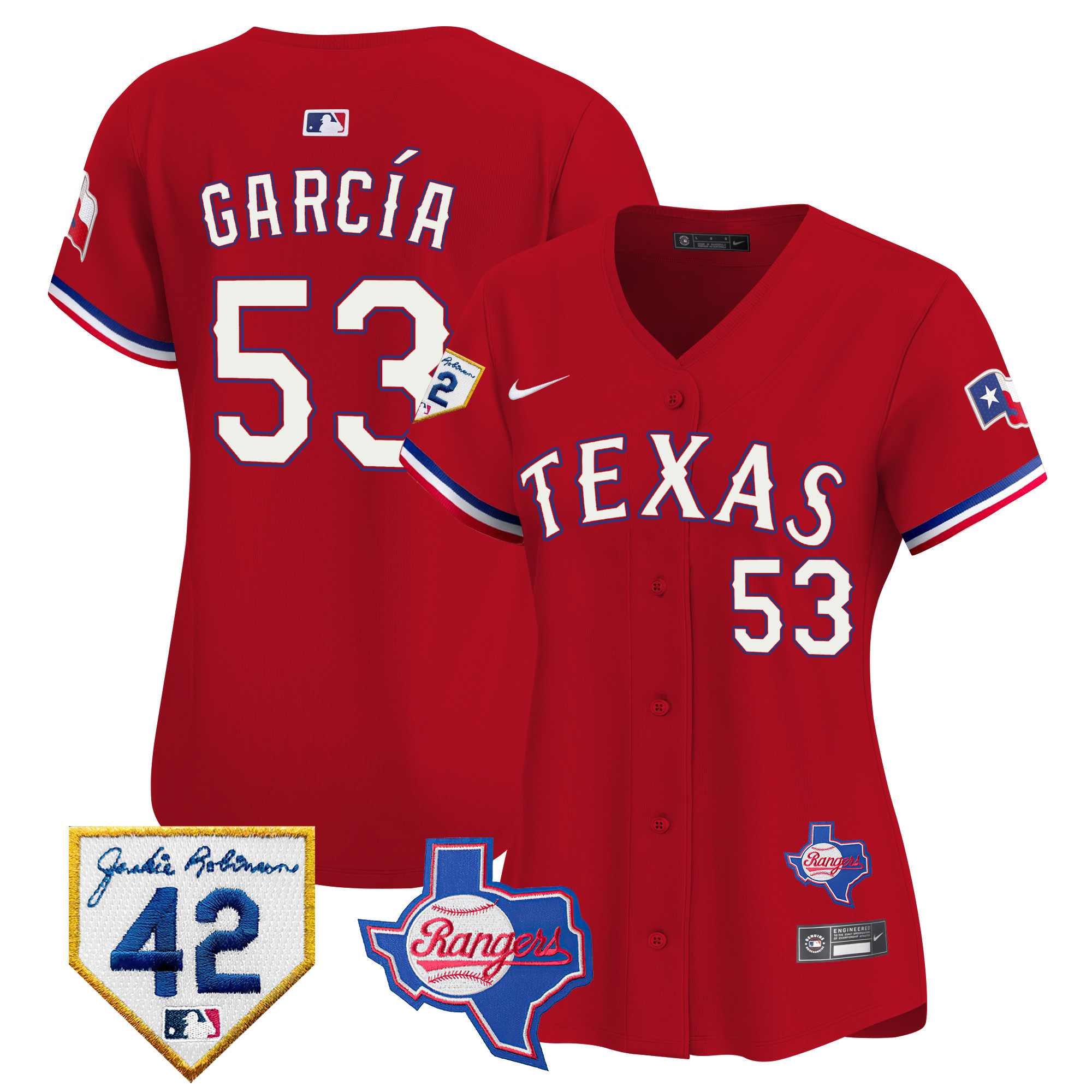 Adolis Garcia Women's Texas Rangers 2024 Jackie Robinson Patch Vapor Premier Limited Red Jersey - All Stitched