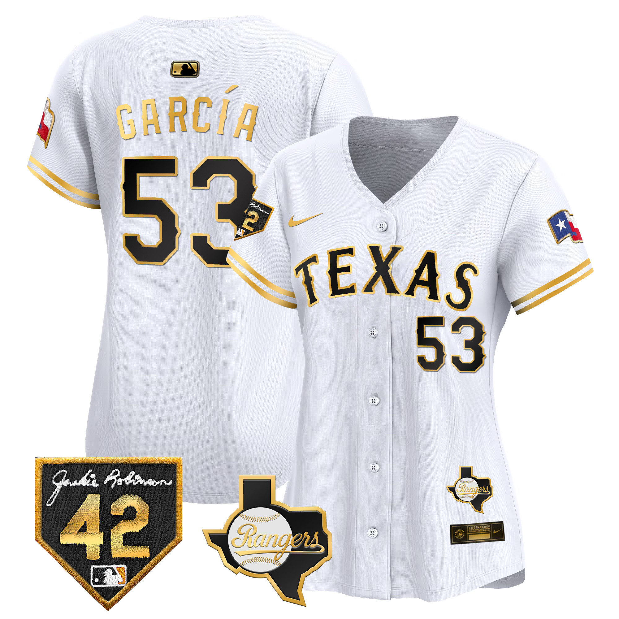 Adolis Garcia Women's Texas Rangers 2024 Jackie Robinson Patch Vapor Premier Limited White Gold Jersey - All Stitched