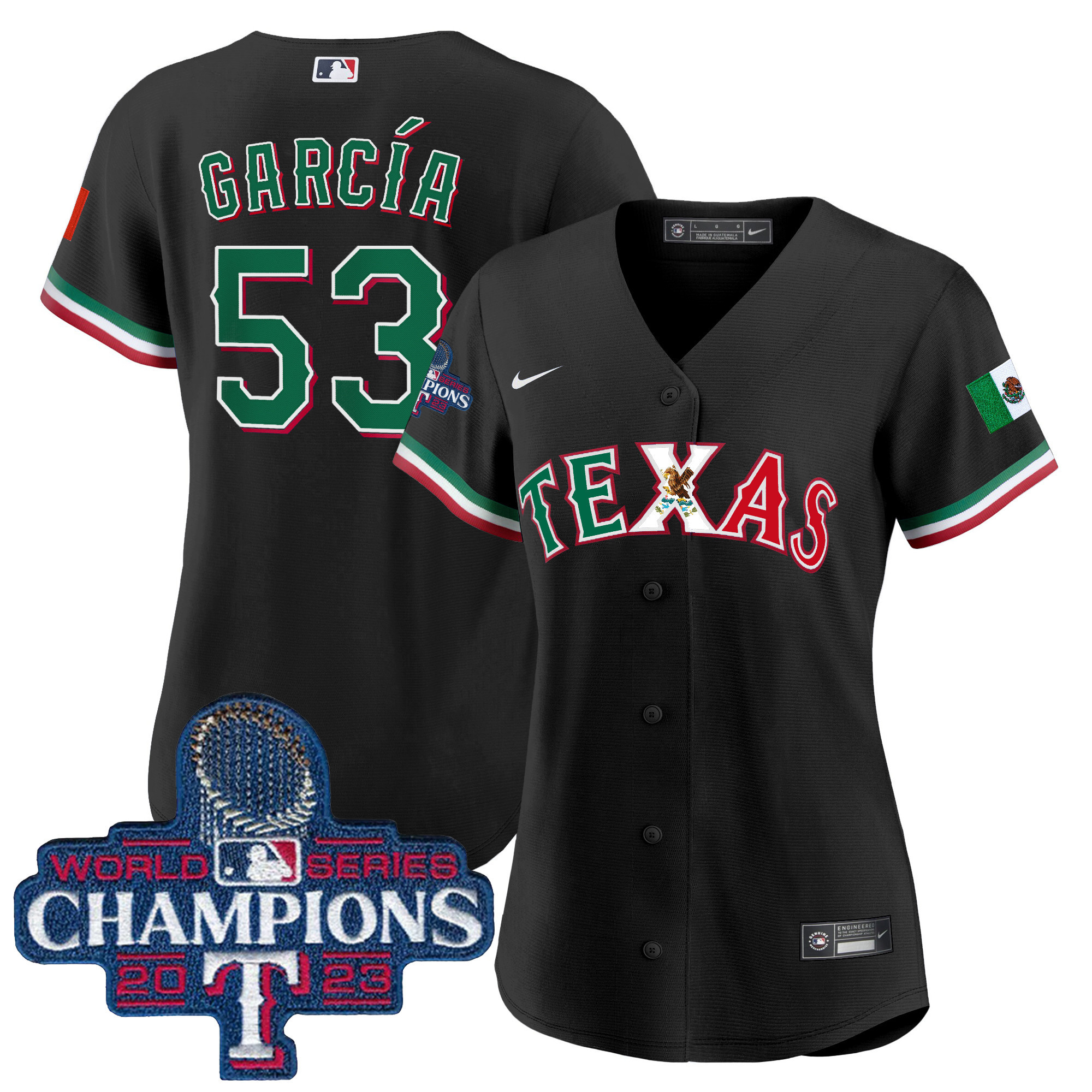 Adolis Garcia Women's Texas Rangers Mexico 2023 World Series Champions Baseball Black Jersey - All Stitched